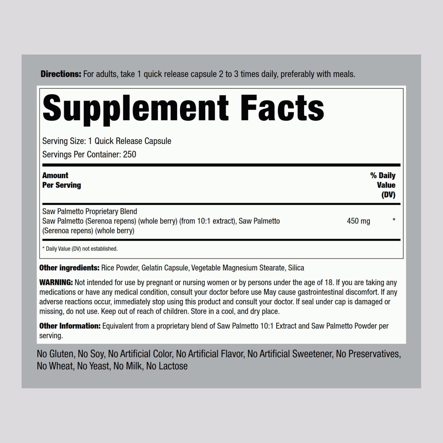 Piping Rock Saw Palmetto 450mg Capsule 250 Count