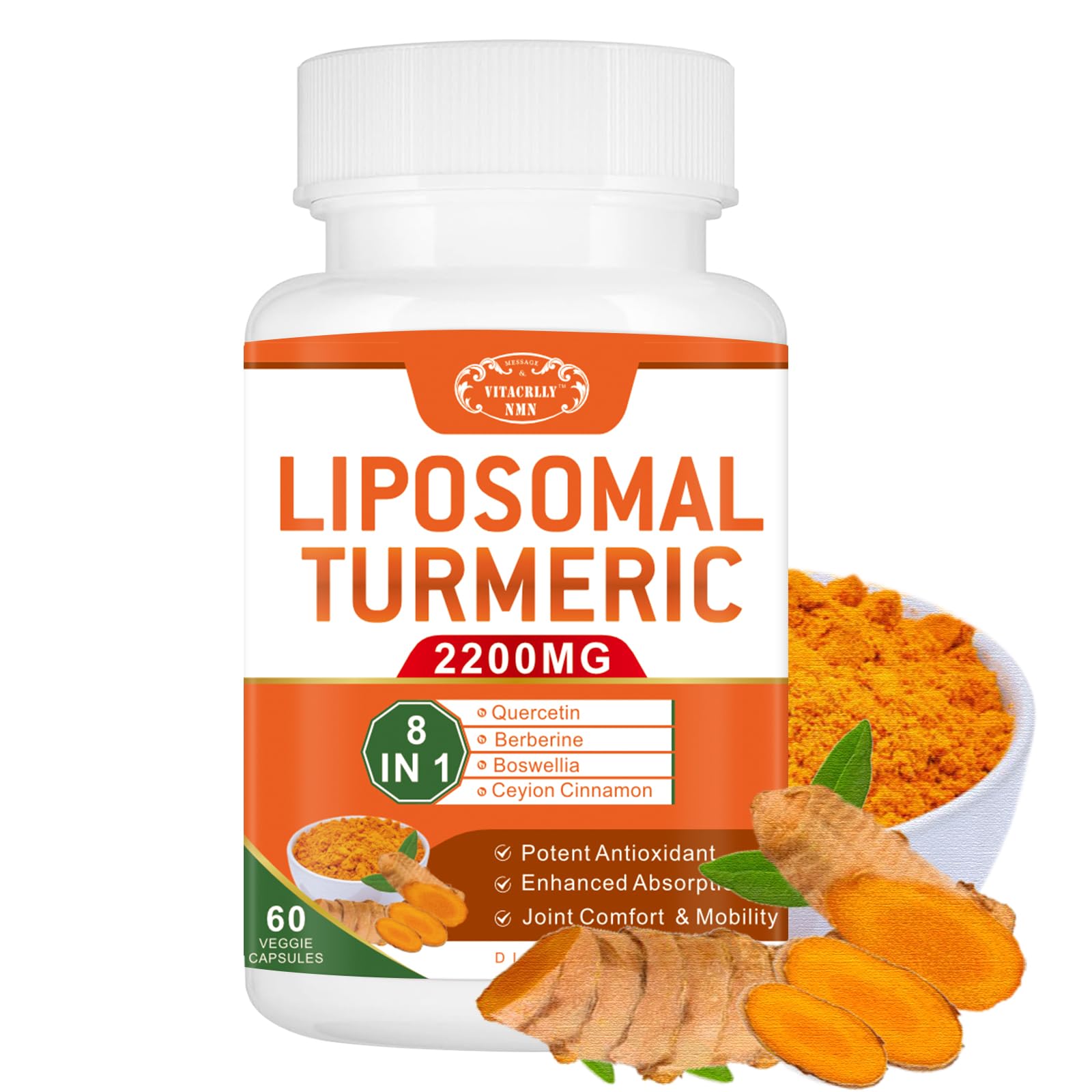 VITACRLLYNMN Liposomal Turmeric Curcumin Supplement with Black Pepper & Ginger, 2200mg, Enhanced Absorption, 95% Curcumin Extract for Joint Support, 60 Capsules