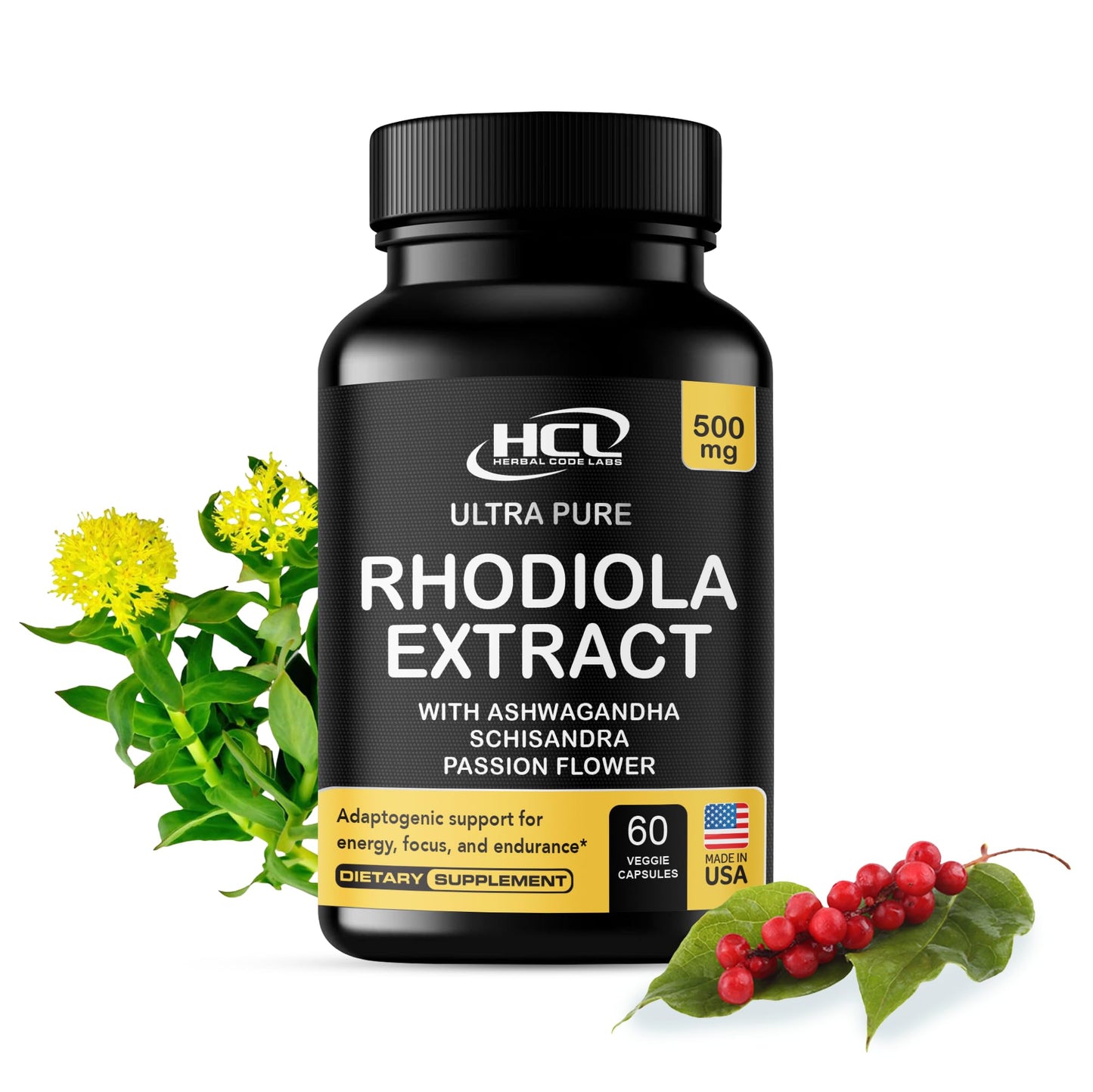 HCL Herbal Code Labs Rhodiola Rosea Supplement High Potency Extract 500mg with Ashwagandha, Shisandra & Passion Flower Capsules, 60 Count