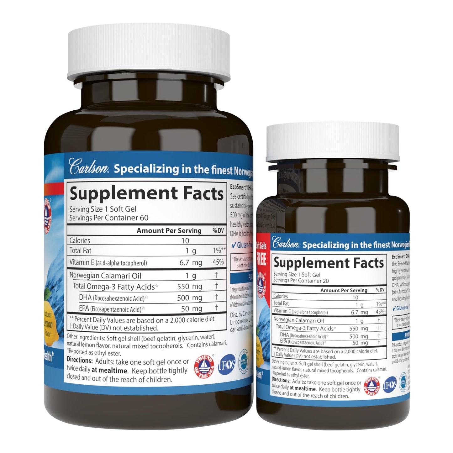 Carlson EcoSmart DHA 500 mg DHA, Healthy Vision & Brain Function, Lemon Softgels 80