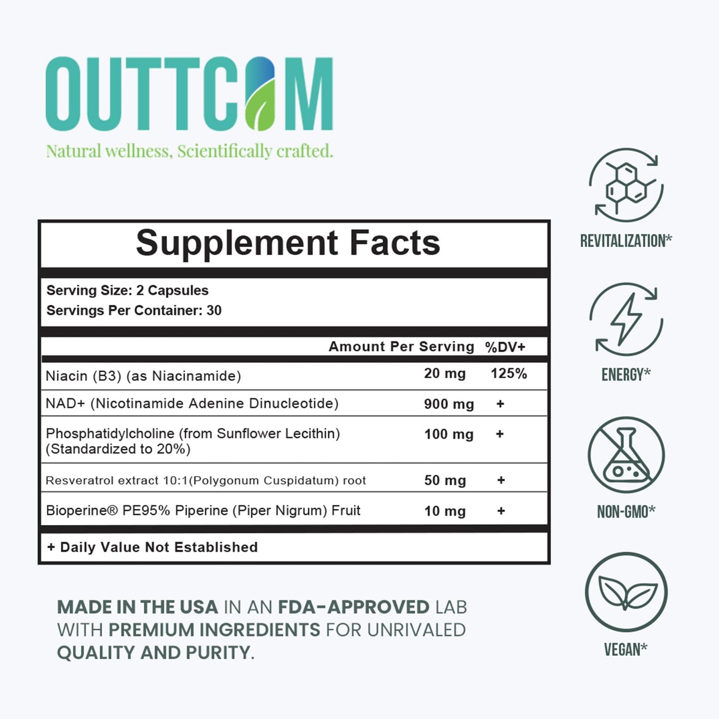 Outtcom Liposomal NAD+ Supplement 900mg — Resveratrol, B12, Phosphatidylcholine & Bioperine Capsule, 60 Count