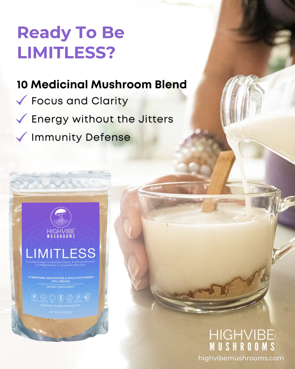 High Vibe Mushrooms Limitless Mushroom Powder Organic 10-in-1 Mushroom Blend for Focus, Energy & Immune Support, 8 Ounce
