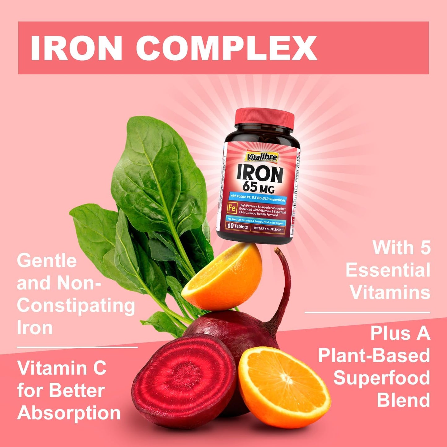 Vitalibre Iron Supplement for Women & Men, 65 mg Ferrous Sulfate with Vitamin C, Tablet, 90 Count