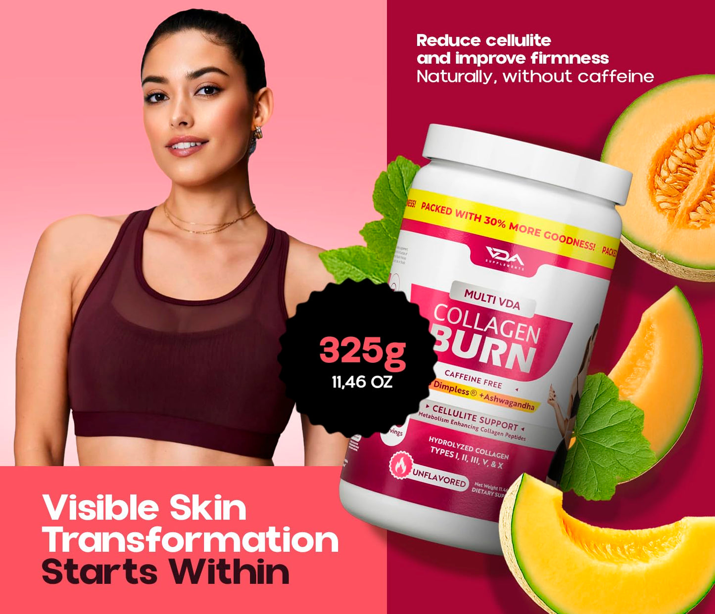 VDA Supplements Hydrolyzed Collagen Powder for Weight Loss - Burn Ultimate Beauty Complex Multi Peptides Powder for Women with Types I II III V and X for Fat Burning Support Unflavored 11.46 Ounce, 40 Servings