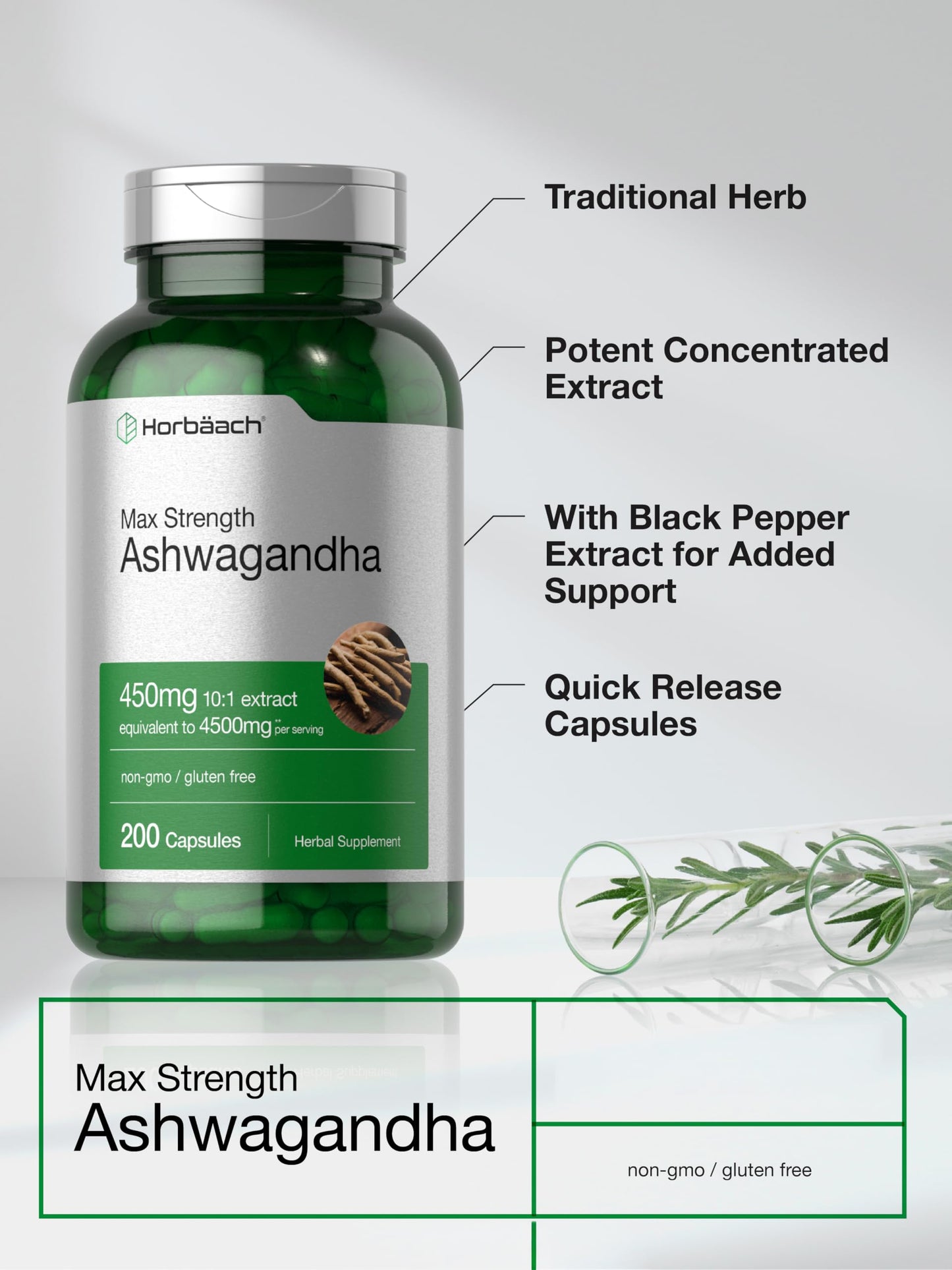 Horbäach Ashwagandha Supplement Capsules, 200 Count