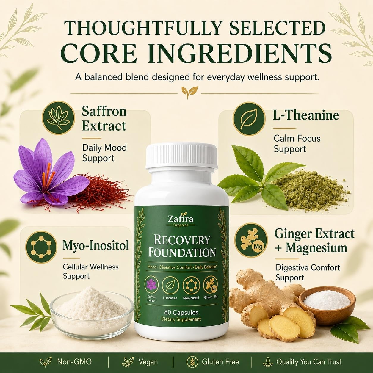 SHIADA Zafira Organics Recovery Foundation Saffron Extract & Myo-Inositol Supplement for Mood Support, Mental Clarity, Hair Health & Digestive Comfort with L-Theanine, Ginger & Magnesium, 60 Capsules