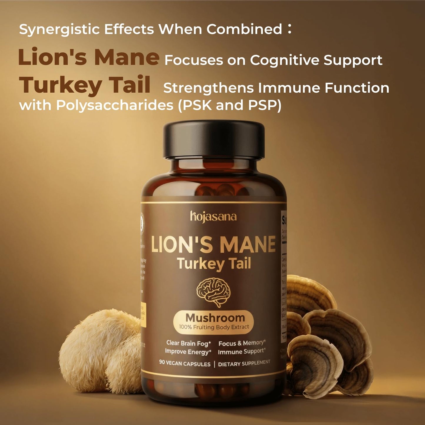 HojaSana Lion's Mane & Turkey Tail Mushroom Supplement Capsules, 90 Count