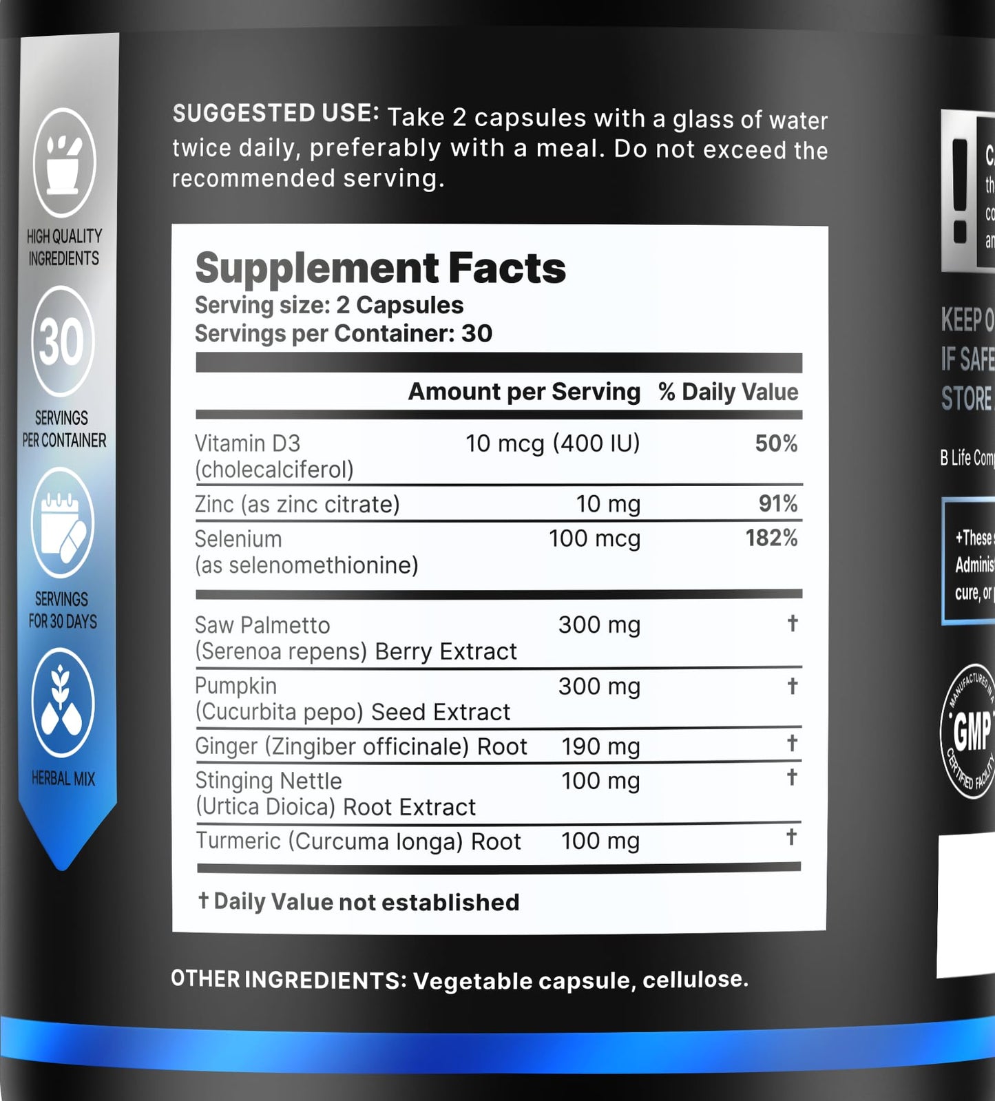 B Life Company Prostate Health Supplements for Men with Saw Palmetto, Pumpkin Seed Oil & Stinging Nettle Root Capsules, 60 Count