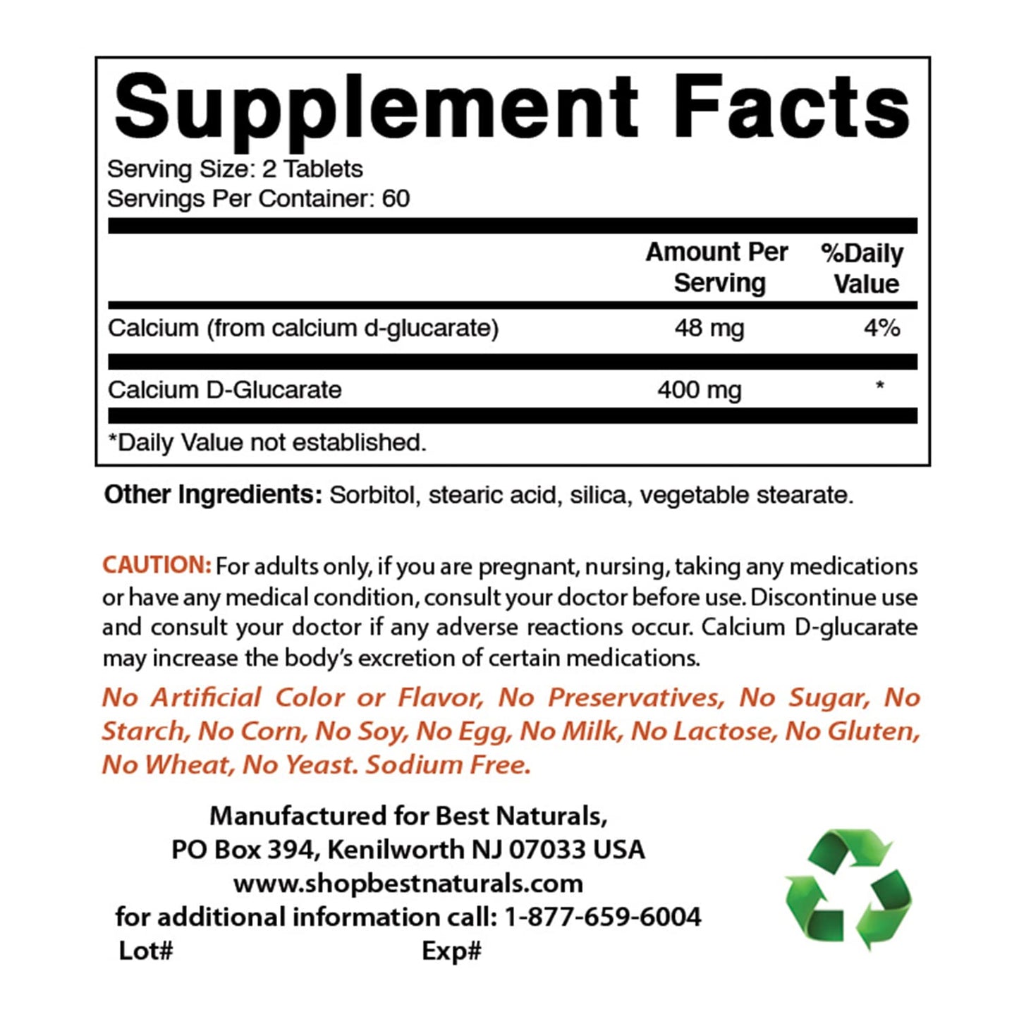 Best Naturals Calcium D-Glucarate 200 mg Tablets, 120 Count