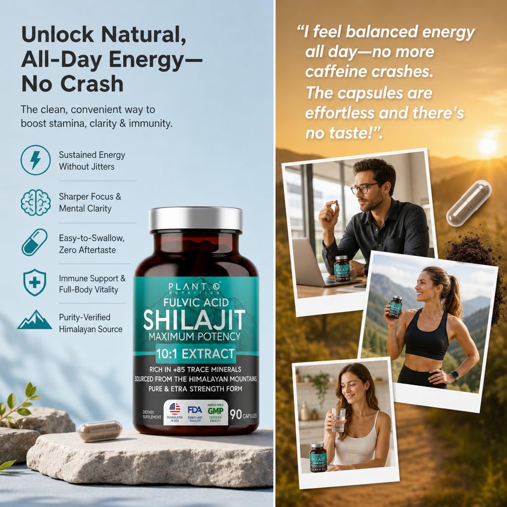 PLANT.O NUTRITION Natural Himalayan Shilajit Capsules - 10:1 Extract Maximum Potency, 90 Count