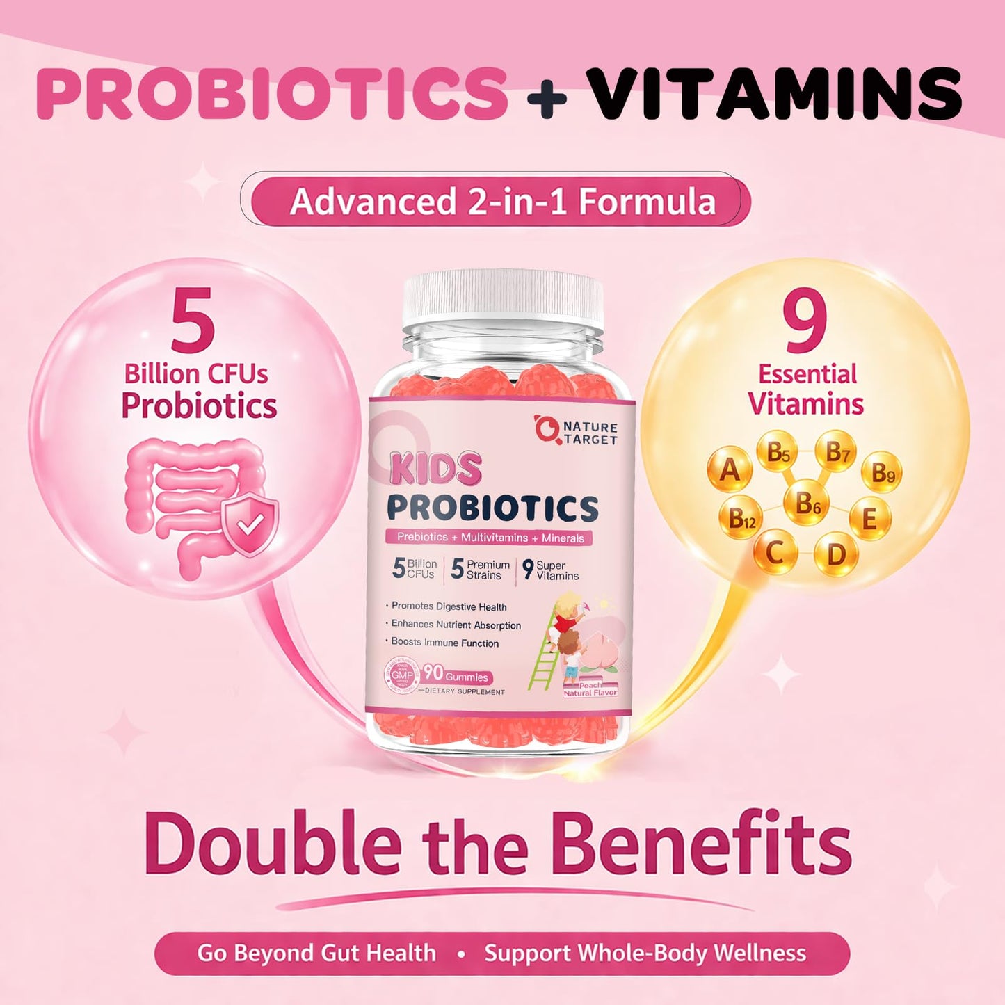 Nature Target Probiotics for Kids, Children's Probiotic-Multivitamin Gummies with 5 Billion CFUs for Digestive Health & Immune Support, with Vitamins, Prebiotics, Minerals, Natural Peach Flavor, 90 Count
