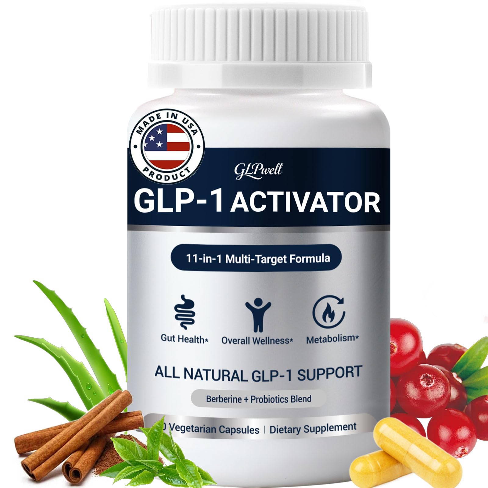 GLPwell GLP-1 Activate Supplement for Gut Health, Energy & Weight Loss - 11-in-1 Complex with Berberine, Probiotics & Apple Cider Vinegar - Vegan Non-GMO Formula for Women and Men Capsules, 60