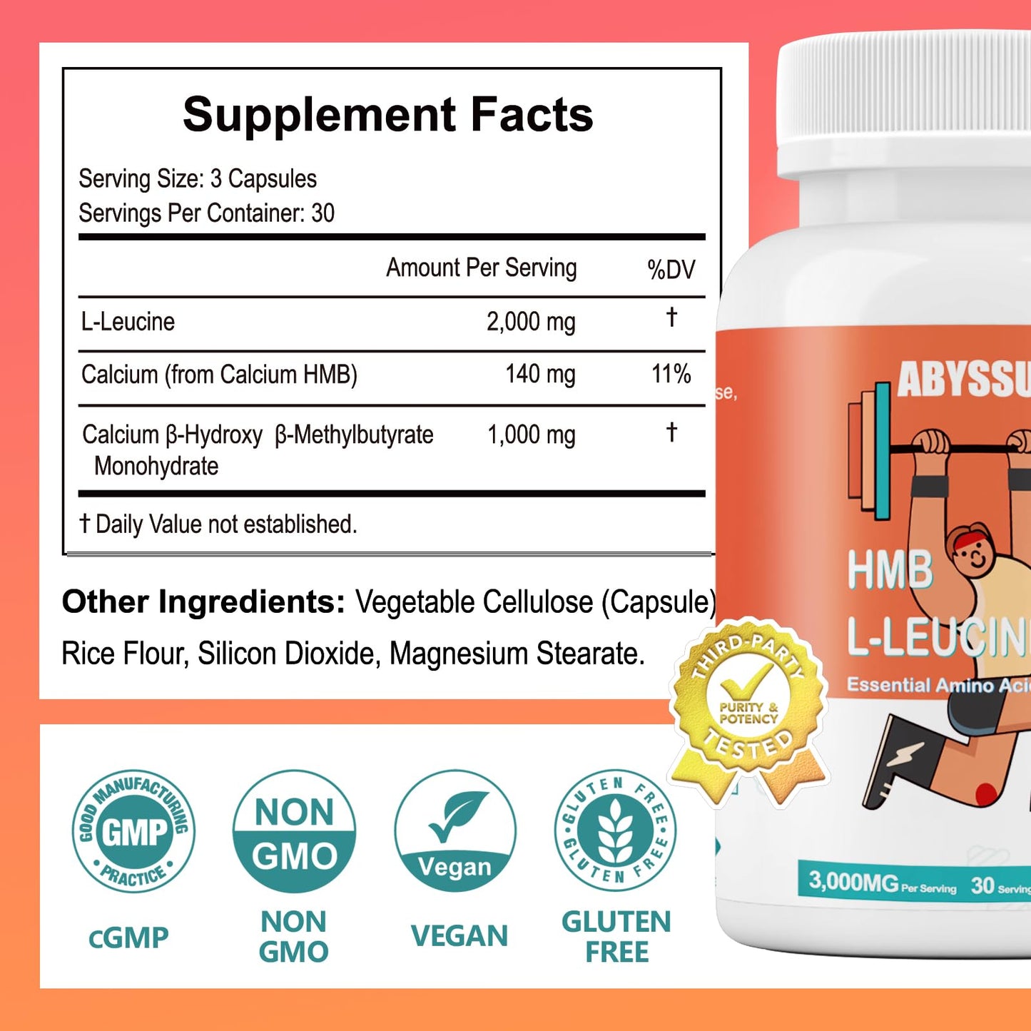ABYSSUS HMB & Leucine 3000mg Capsules, Muscle Health Support, 90 Capsules
