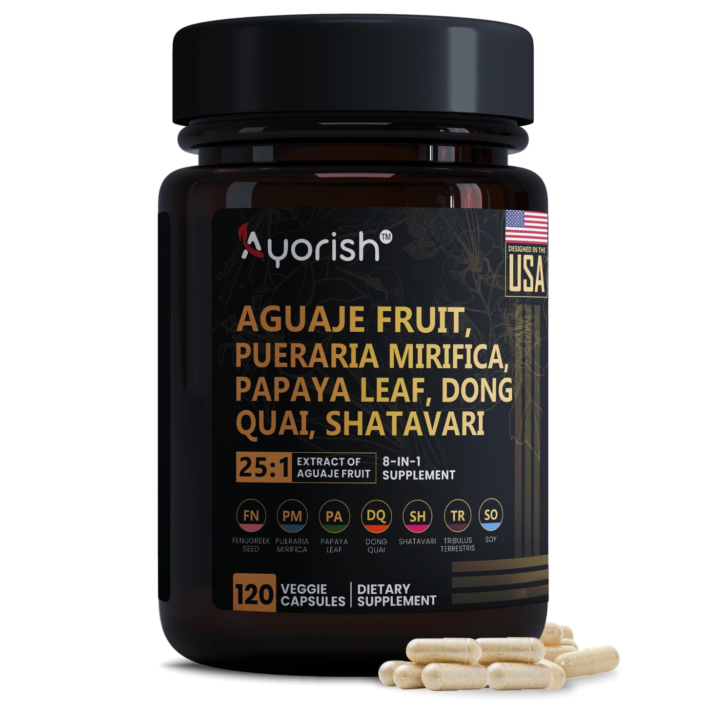 Ayorish Aguaje Fruit Supplement 1000mg 25:1 with Pueraria Mirifica, Papaya Leaf, Dong Quai, Shatavari, Wild Yam, Fenugreek Seed Capsules 120