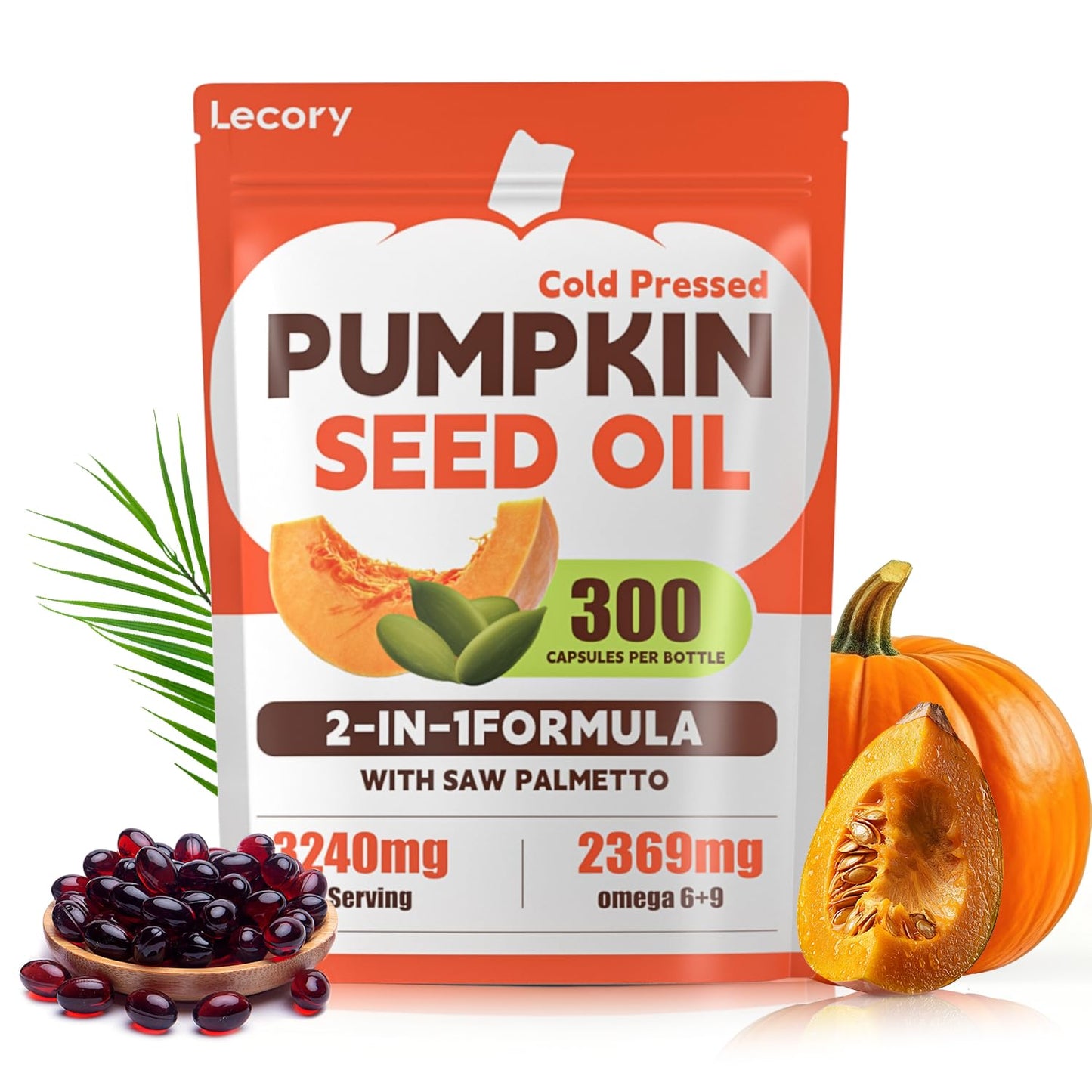 Lecory Pumpkin Seed Oil with Saw Palmetto Softgels, 300 Count