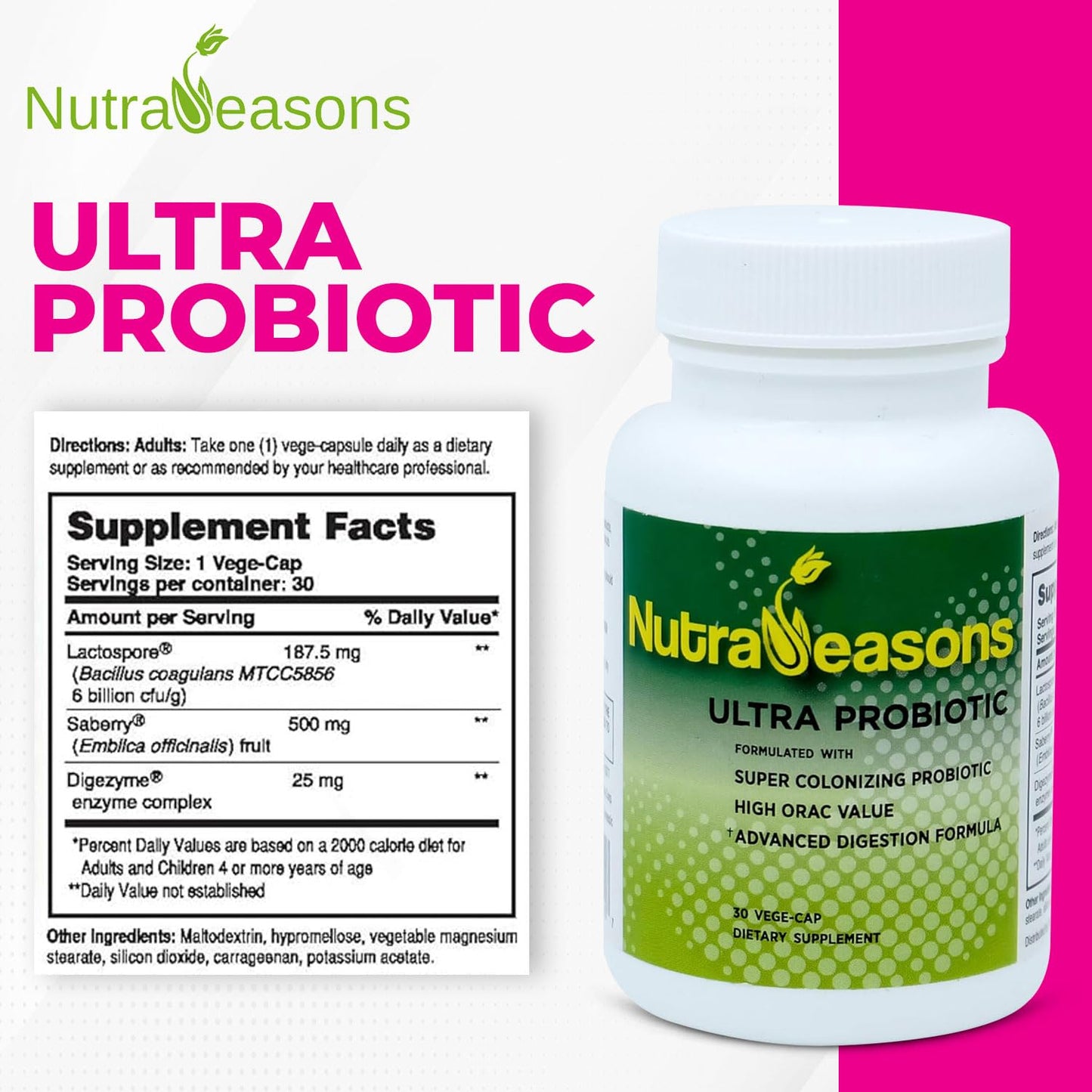 Nutra Seasons Ultra Probiotic Complex with Bacillus coagulans, Digestive Multi Enzymes, Prebiotic Berries Organic Non GMO Capsule 30 Count