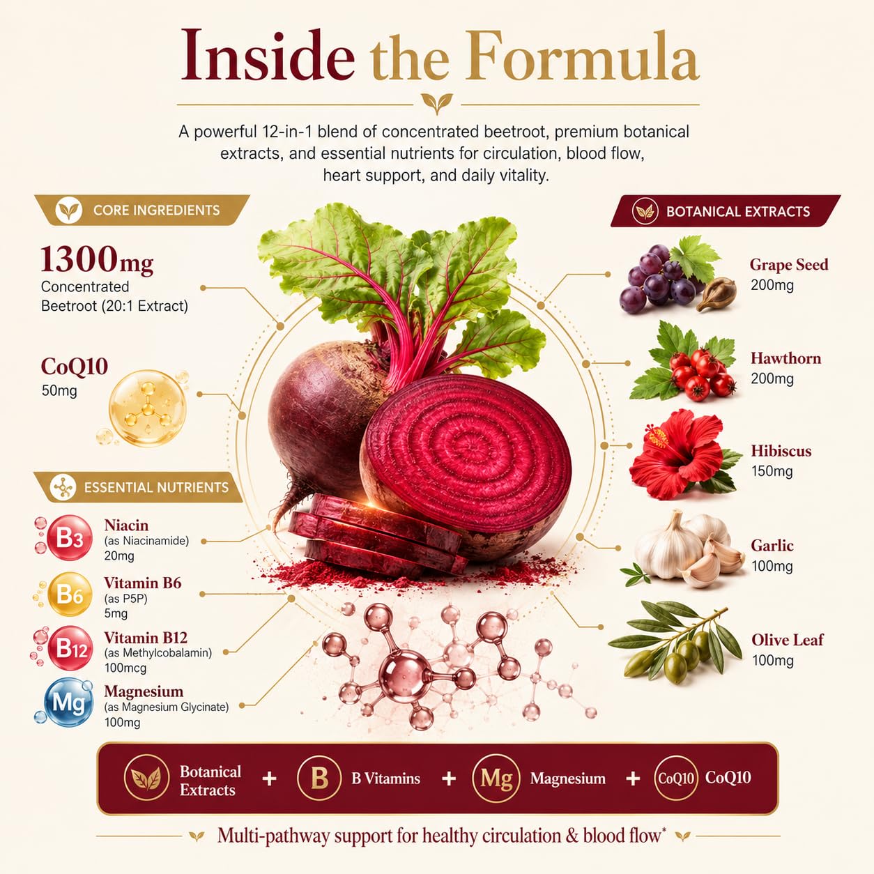 Totaria Beetroot Capsules 2230mg Support Blood Pressure & Heart Health, Nitric Oxide Supplement with Grape Seed, Hawthorn, Garlic & CoQ10, Blood Flow Beet Root Powder, 120 Count