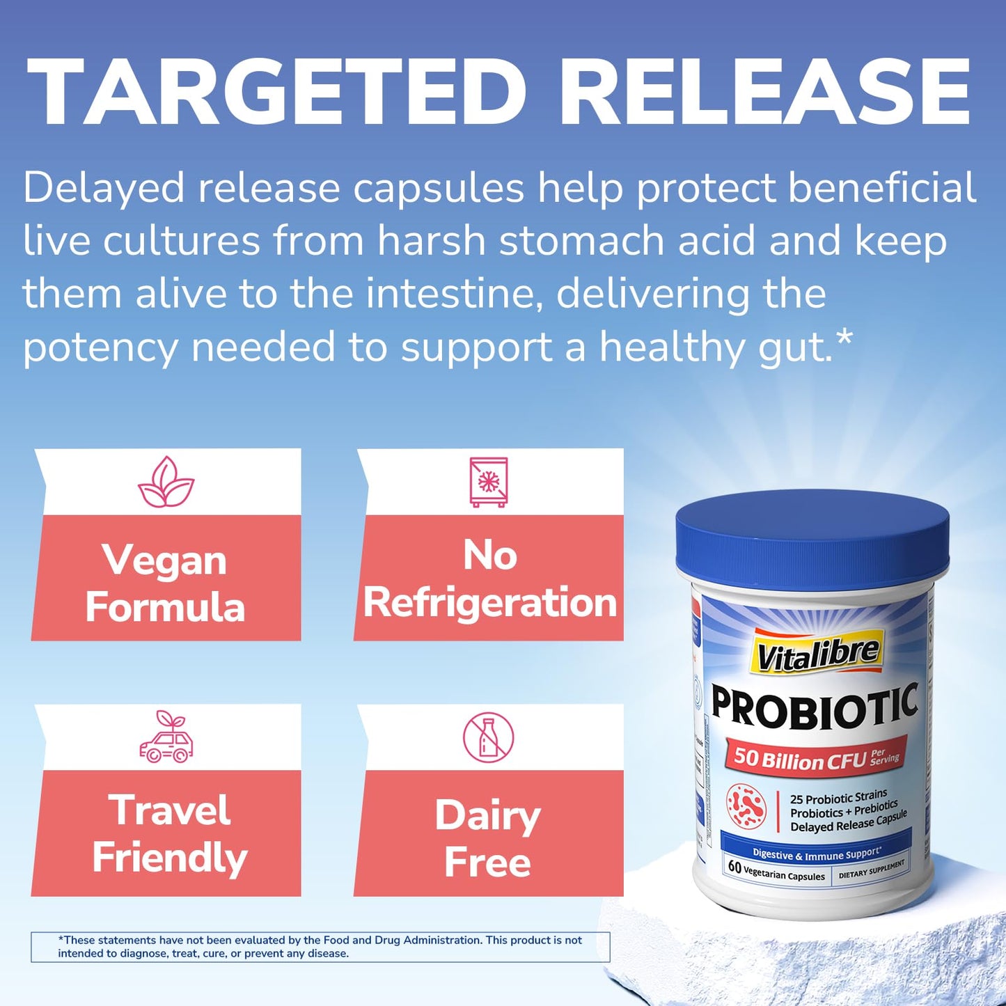 Vitalibre Probiotic for Women and Men, 50 Billion CFU, 25 Diverse Strains with Prebiotics, Delayed Release, No Refrigeration Needed, 60 Capsules