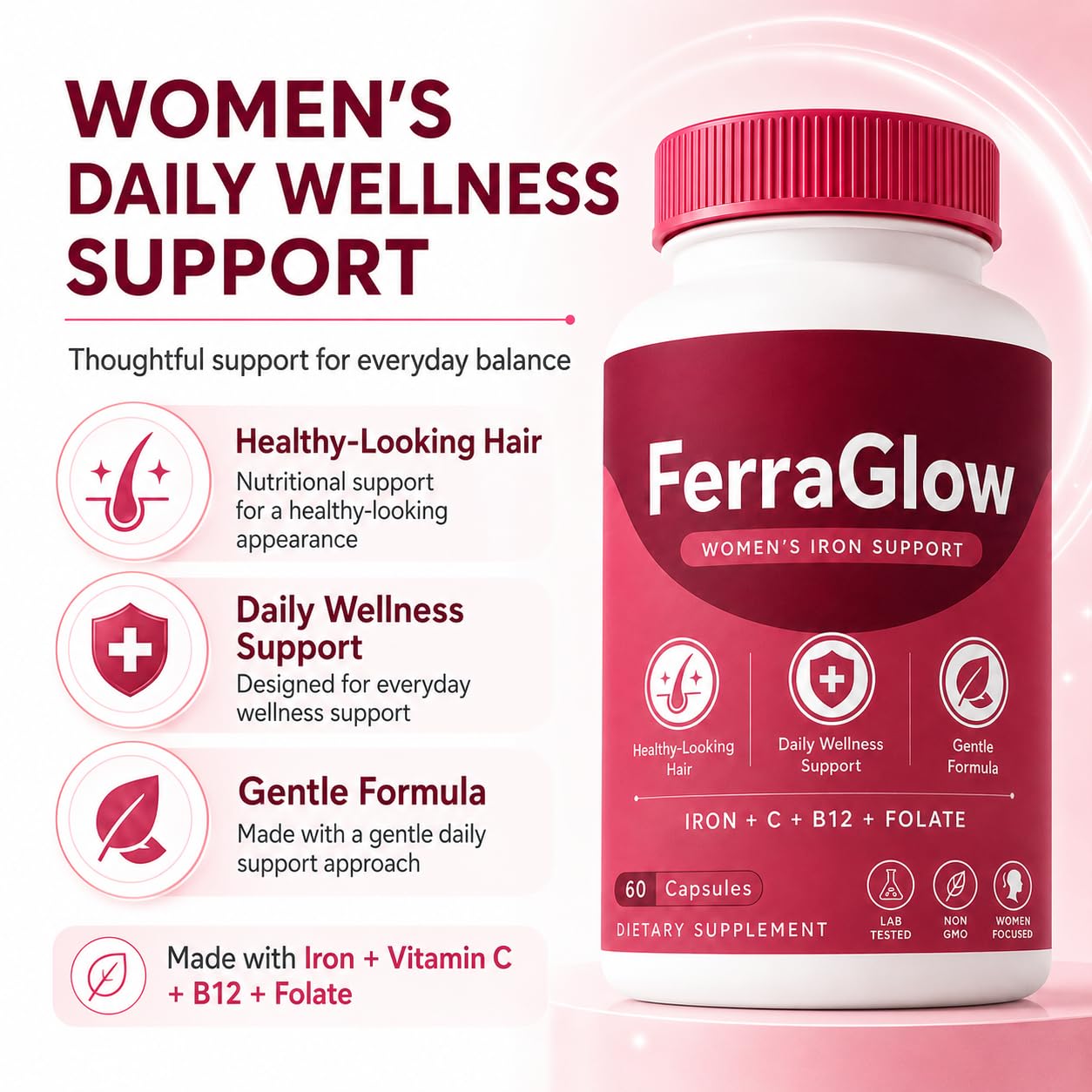 NOVORIC FerraGlow Iron Support Capsules with Iron Bisglycinate Lactoferrin Vitamin C B12 and Gentle Absorption Formula for Women Daily Wellness Hair Energy Support, 60 Count
