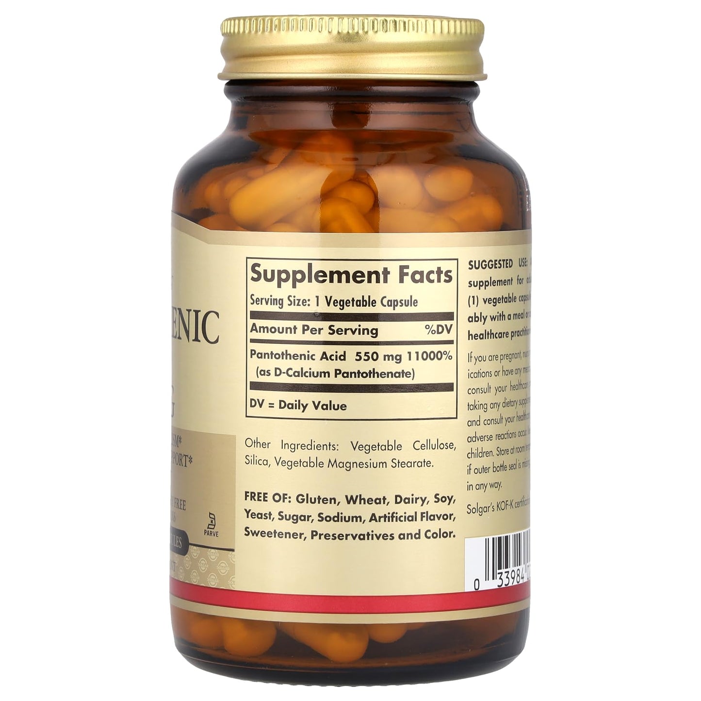 Solgar Pantothenic Acid 550 mg Vegetable Capsules, 100 Count