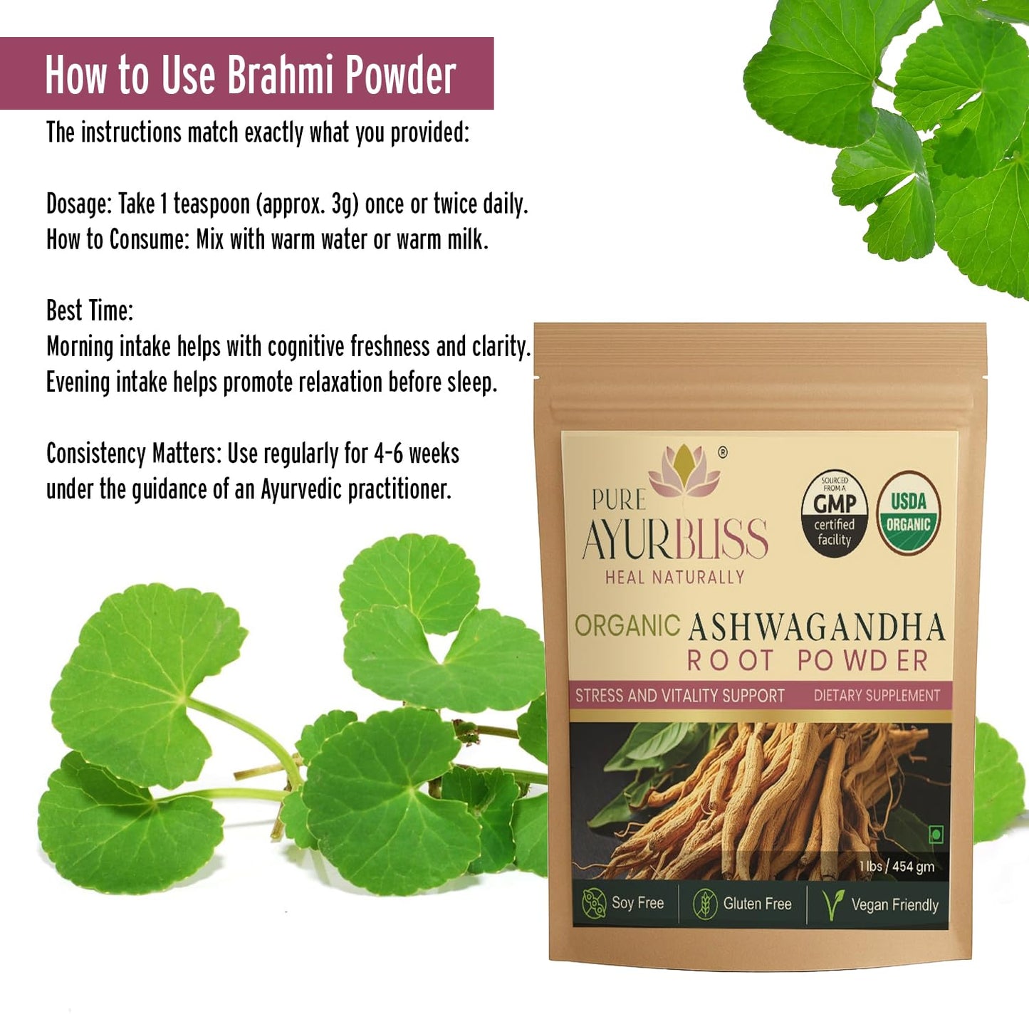 PureAyurbliss 100% Organic Brahmi Powder, 16oz