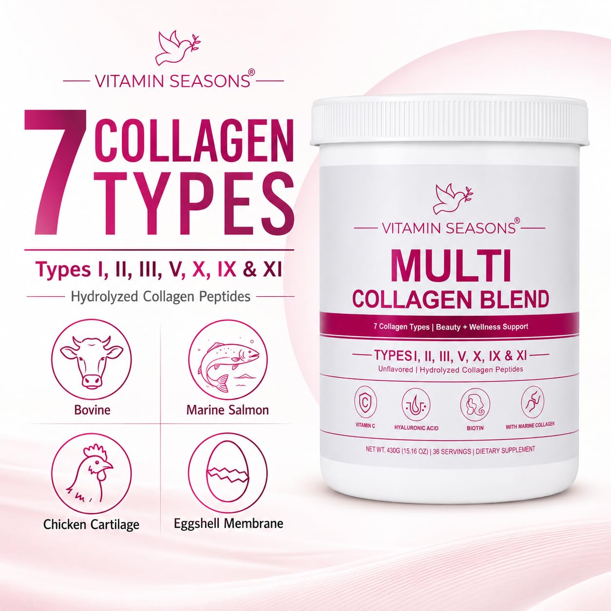 VITAMIN SEASONS Multi Collagen Peptides 7 Types Unflavored Powder 15.16 Ounce
