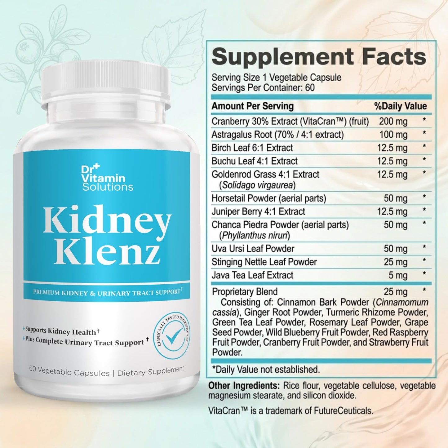 DR VITAMIN SOLUTIONS Kidney Cleanse Supplement with VitaCran Cranberry Extract – Premium Kidney & Urinary Tract Support with Chanca Piedra, Uva Ursi, Astragalus, Horsetail, Nettle & Juniper – Non-GMO, 60 Capsules