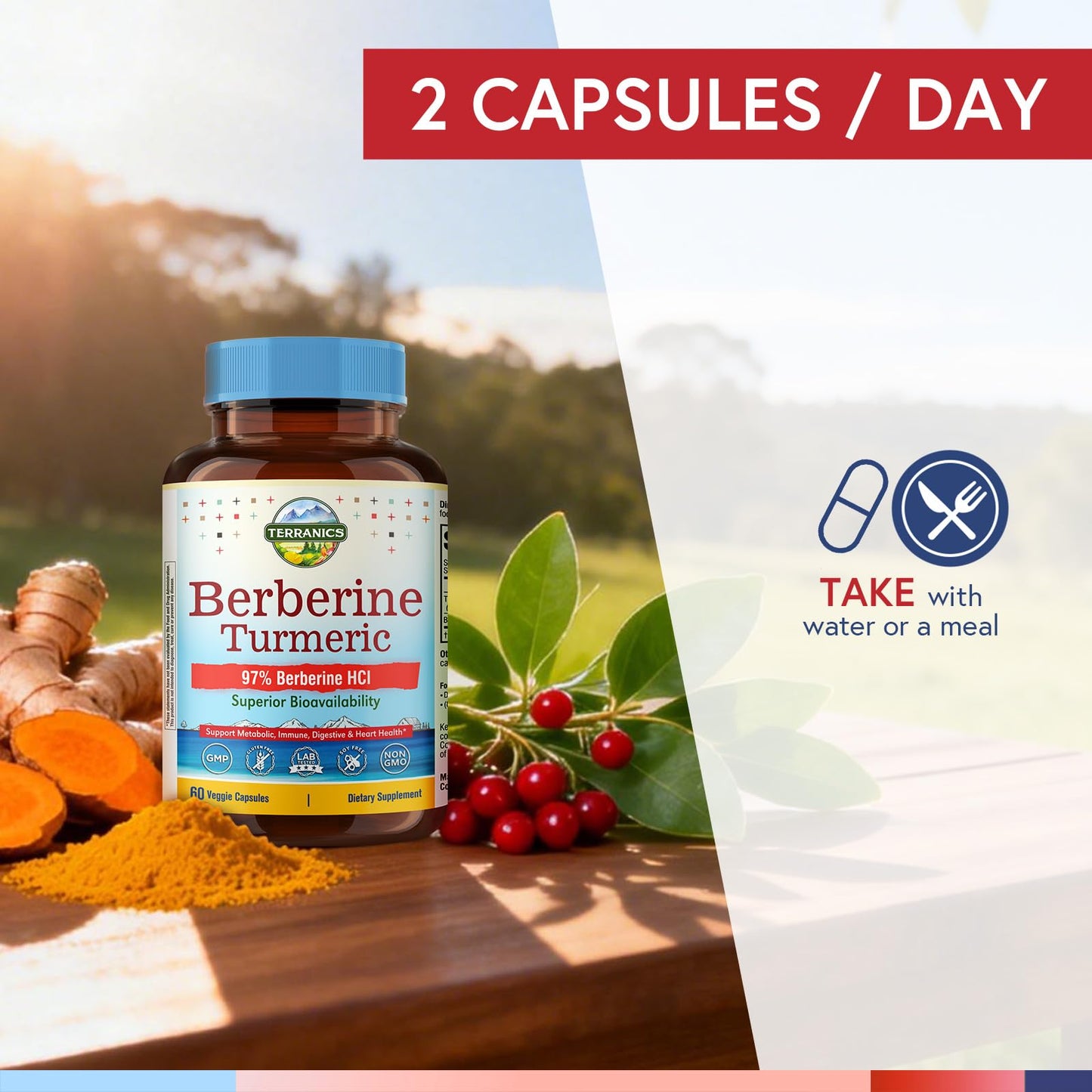 Terranics Berberine HCl 200 mg Capsule with Turmeric for Digestion, Immunity & Heart Function, Vegan, Non-GMO, 60 Capsules