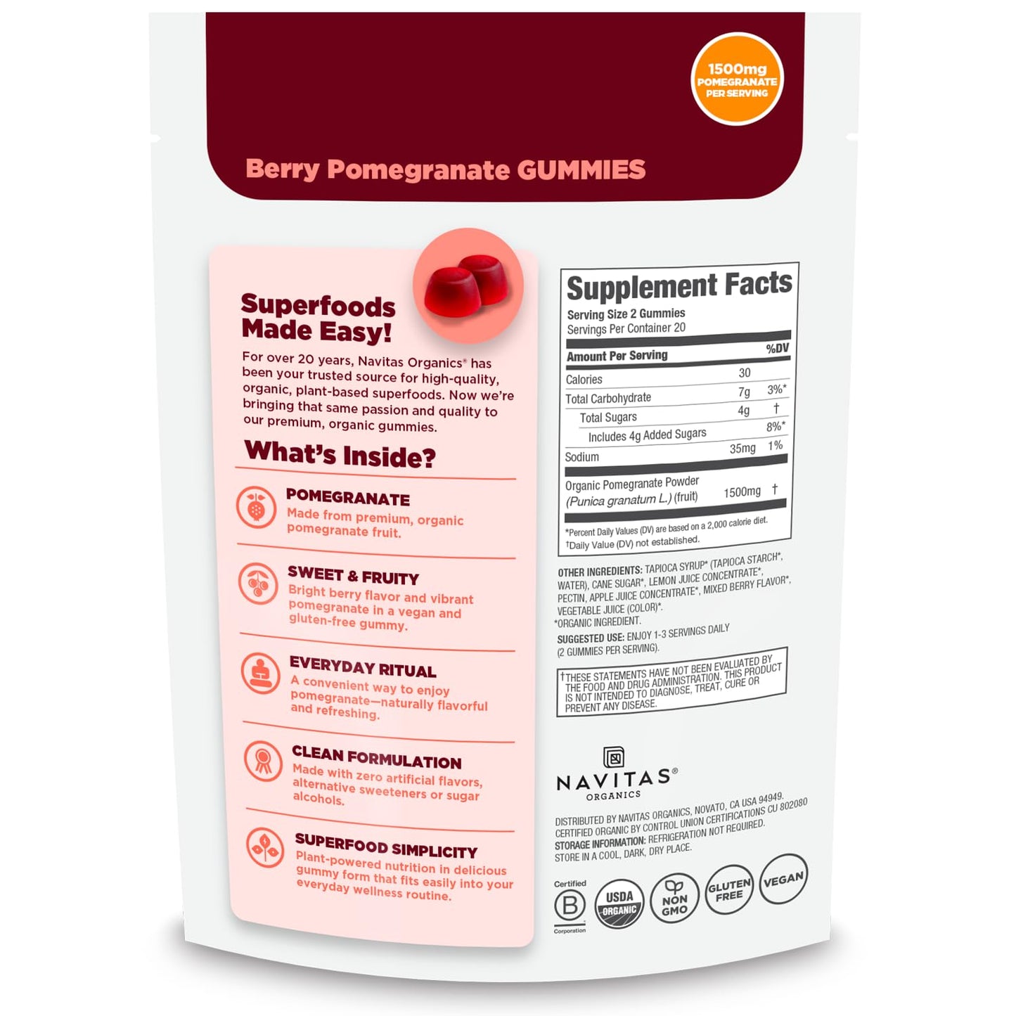 Navitas Organics Gummies Berry Flavored Pomegranate – 1500mg Pomegranate Per Serving – Inner Radiance – 40 Count