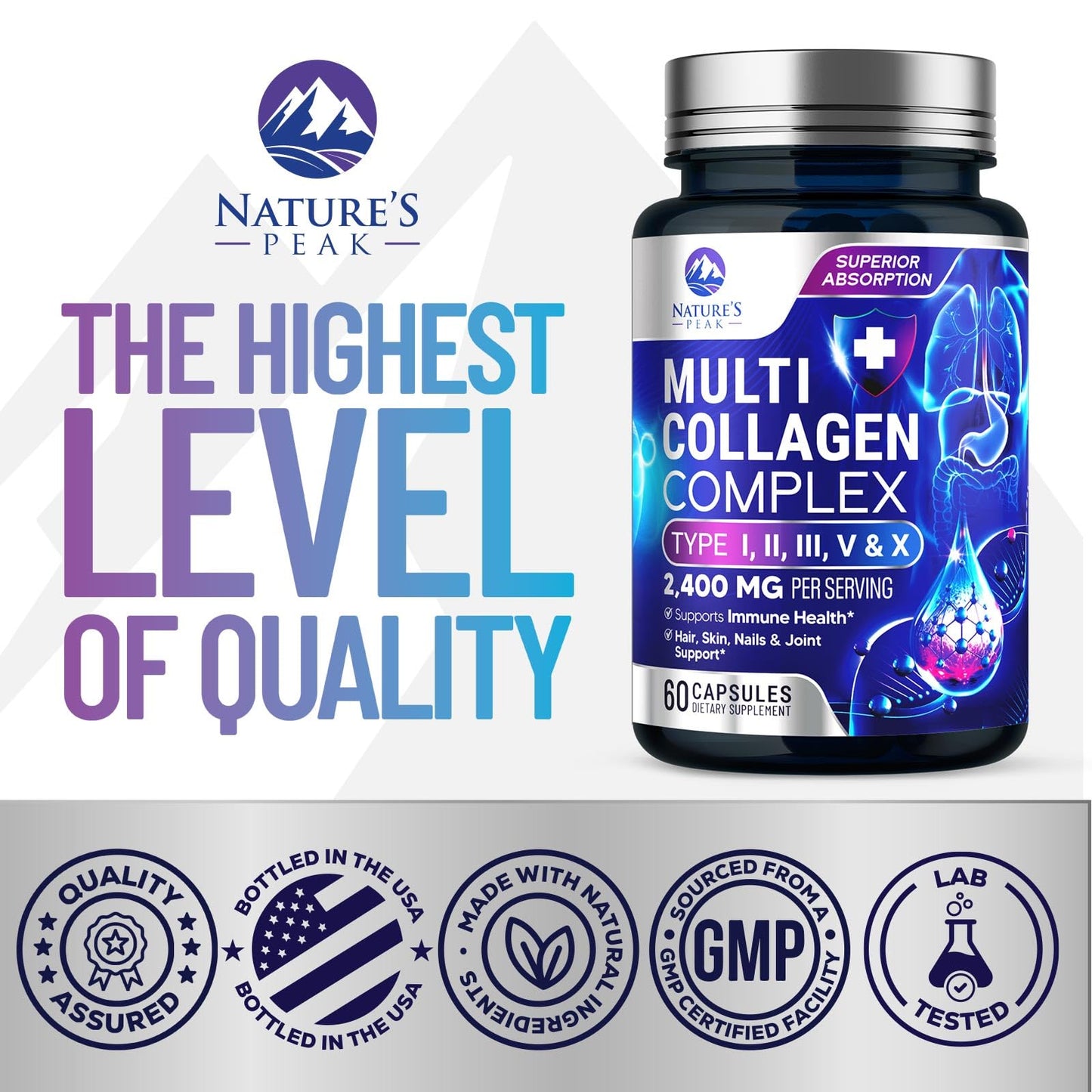 Nature's Peak Multi Collagen Peptides Supplement for Hair, Nail, Skin - Type I, II, III, V, X - Non-GMO, 60 Capsules