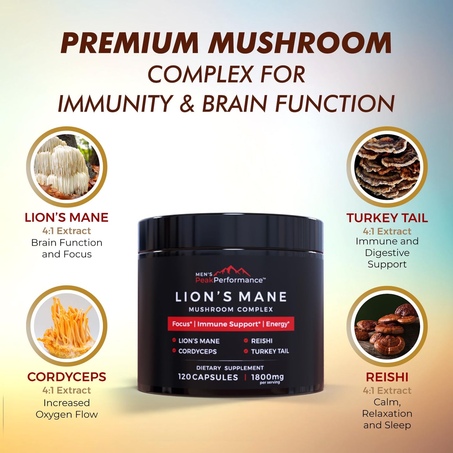 MEN'S PeakPerformance Lion's Mane Mushroom Supplement Capsules, 120 Capsules