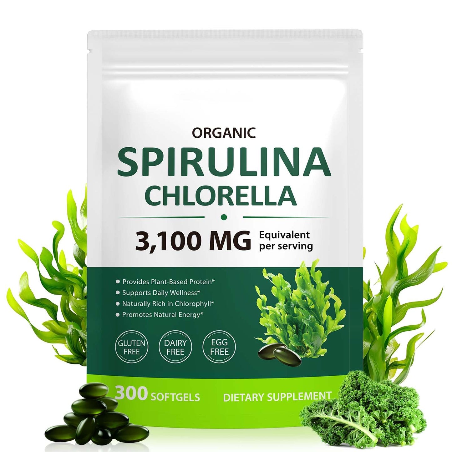ZUZOKKAHA Spirulina & Chlorella Supergreens Capsule, 300 Count
