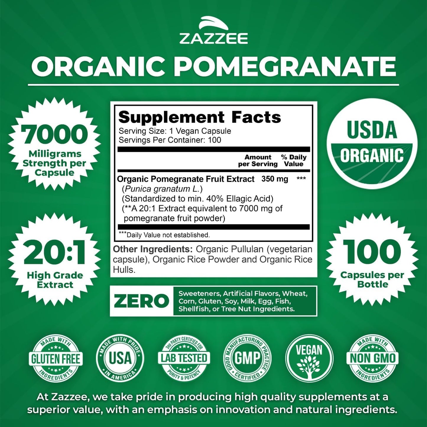 Zazzee USDA Organic Pomegranate and Bilberry Extract Capsules 220-count