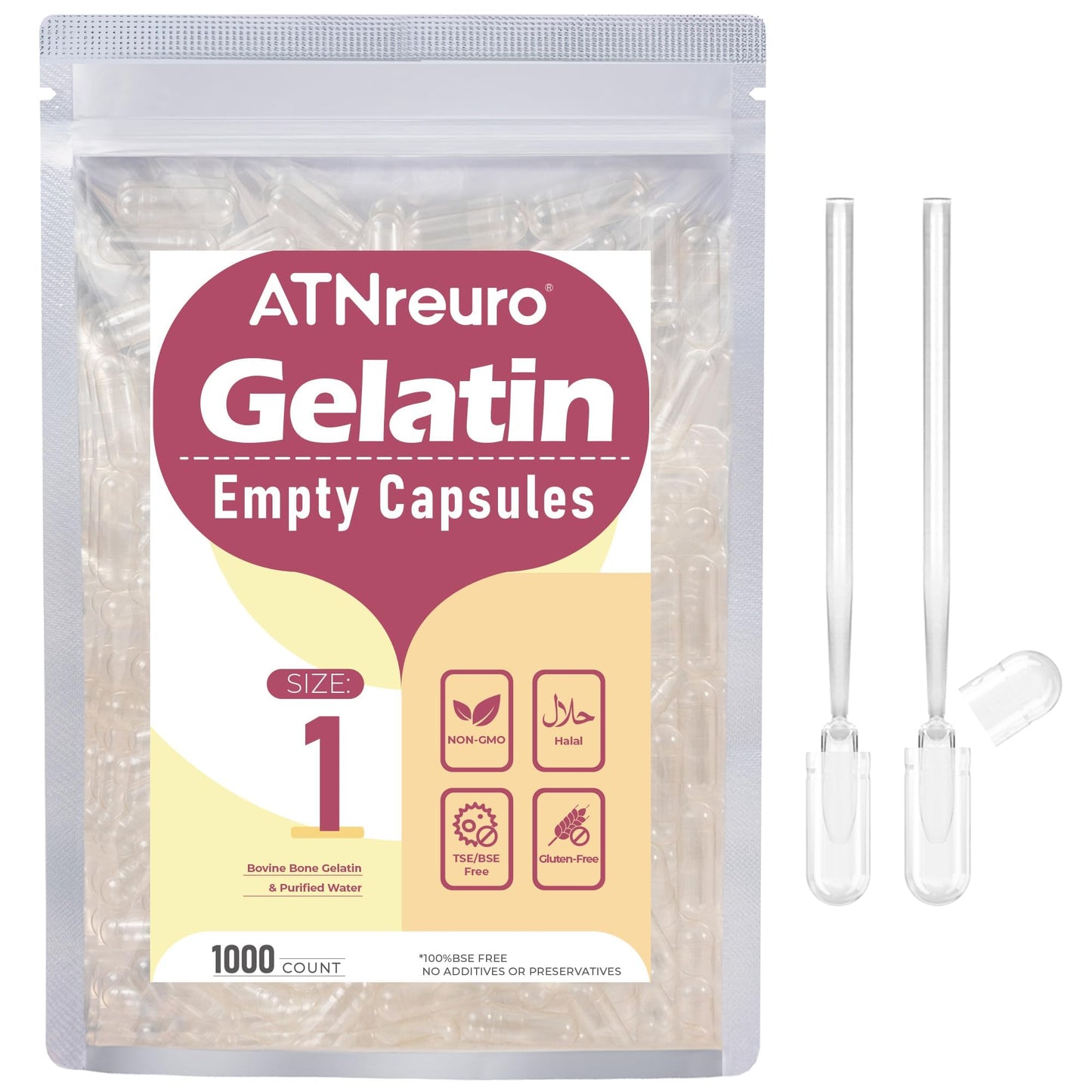 ATNreuro Size 1 Empty Gelatin Capsules, Capsule, 1000 Count