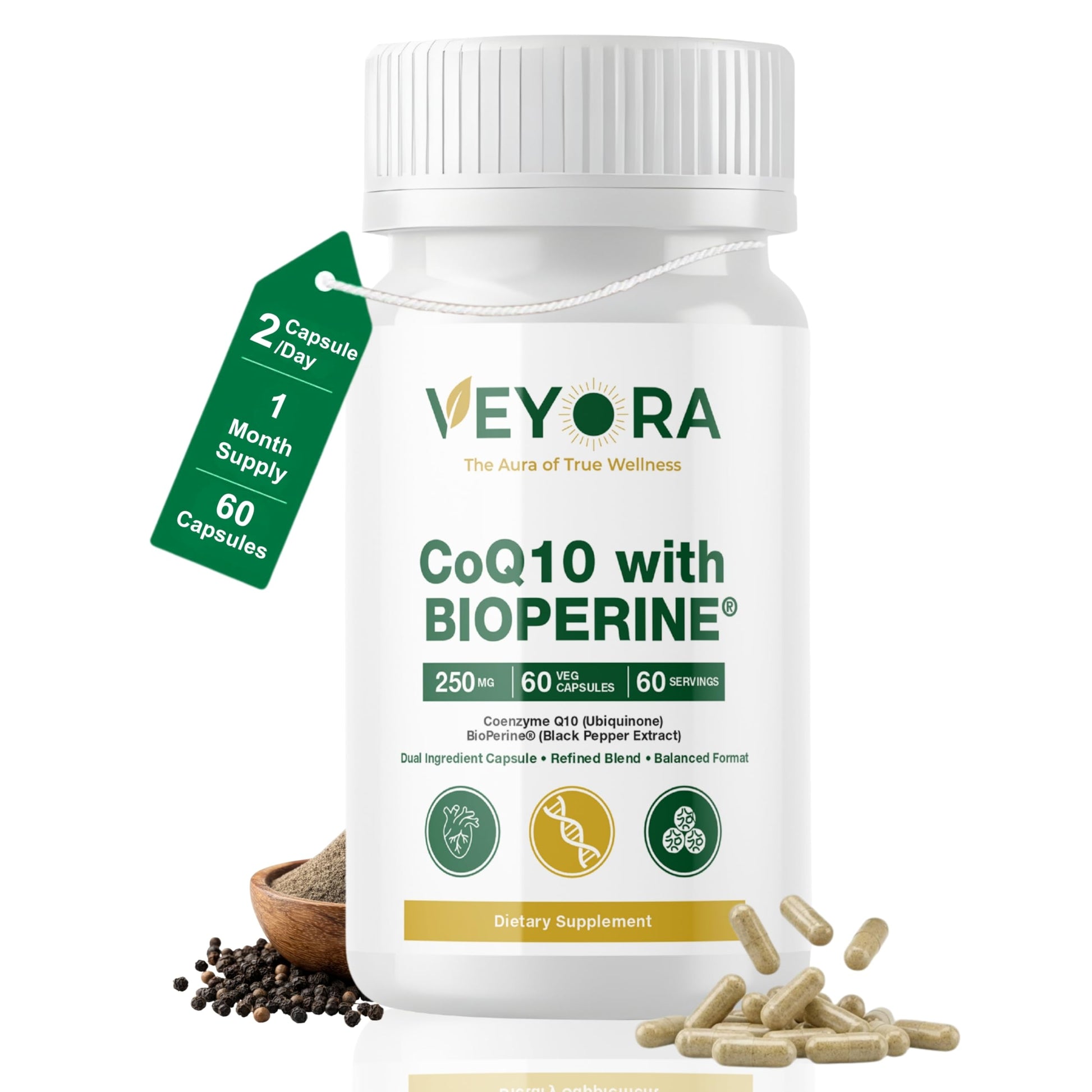 VEYORA CoQ10 with BioPerine 250 mg Capsules, 60 Vegan Capsules