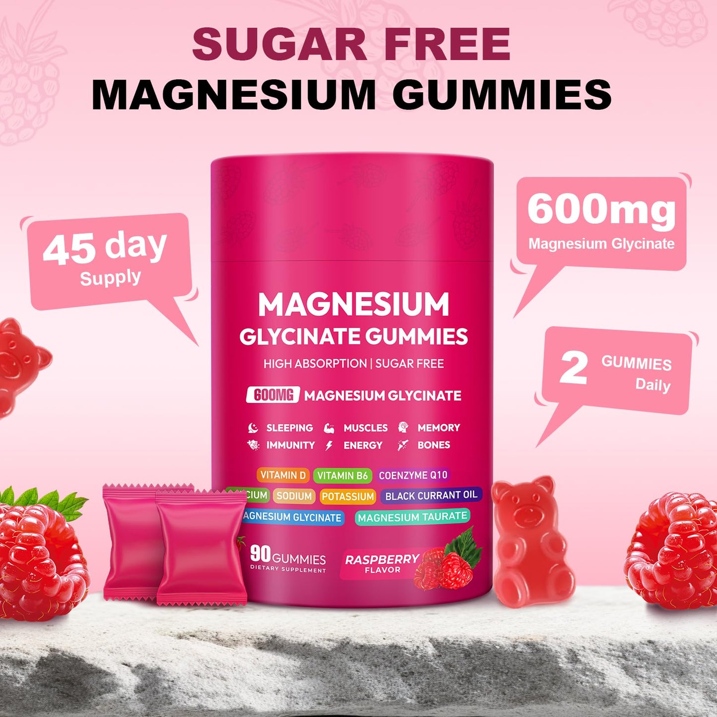 Cytona Magnesium Glycinate Gummies 600mg, High Absorption Magnesium Complex, Sugar Free with Vitamin D & B6, CoQ10, 90 Count