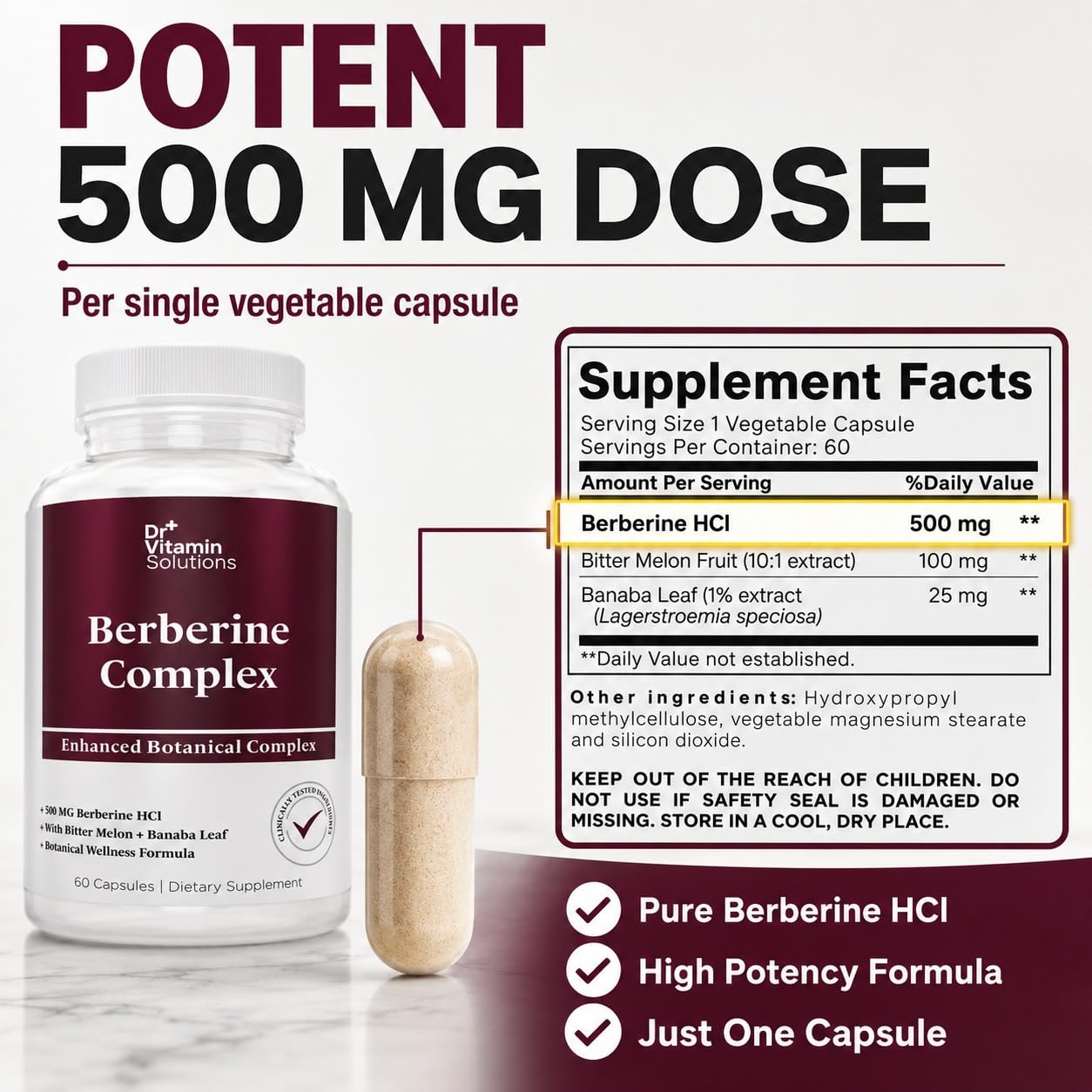 DR VITAMIN SOLUTIONS Berberine HCl 500mg Supplement with Bitter Melon and Banaba Leaf Extract 60 Capsules
