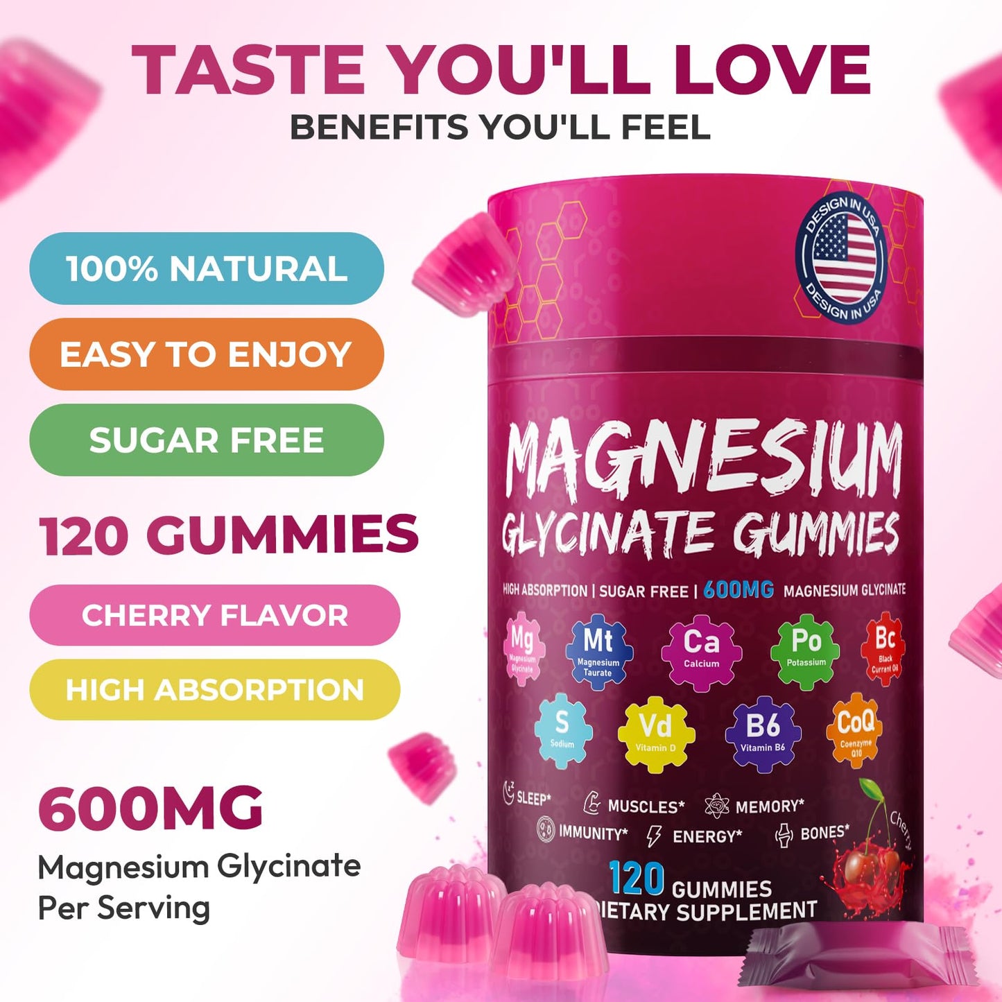 Xytora Magnesium Glycinate Gummies 600mg, Sugar Free Magnesium Supplement Cherry, 120 Gummies