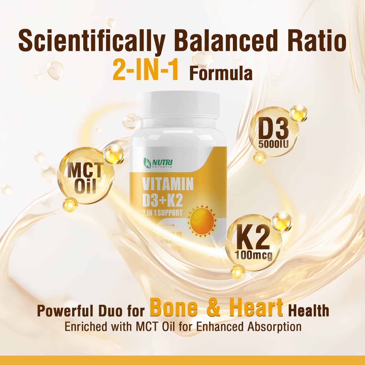 NUTRI POTENTIA Vitamin D3 K2 with MCT Oil Softgels 60 Count