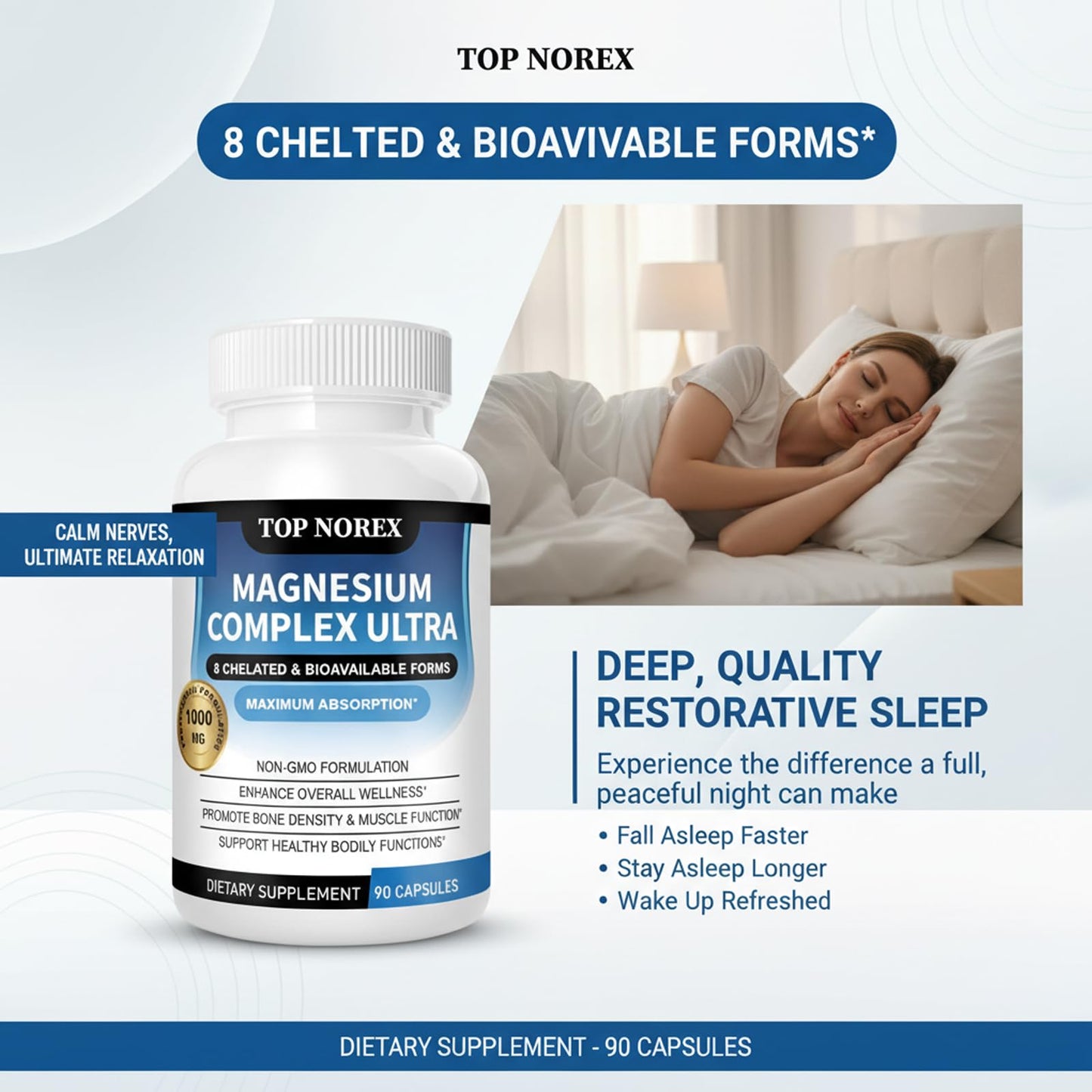Top Norex Magnesium Complex Ultra - 8 Elemental 1000mg Magnesium Blend, Easy Absorption, 90 Capsules, 1 Count