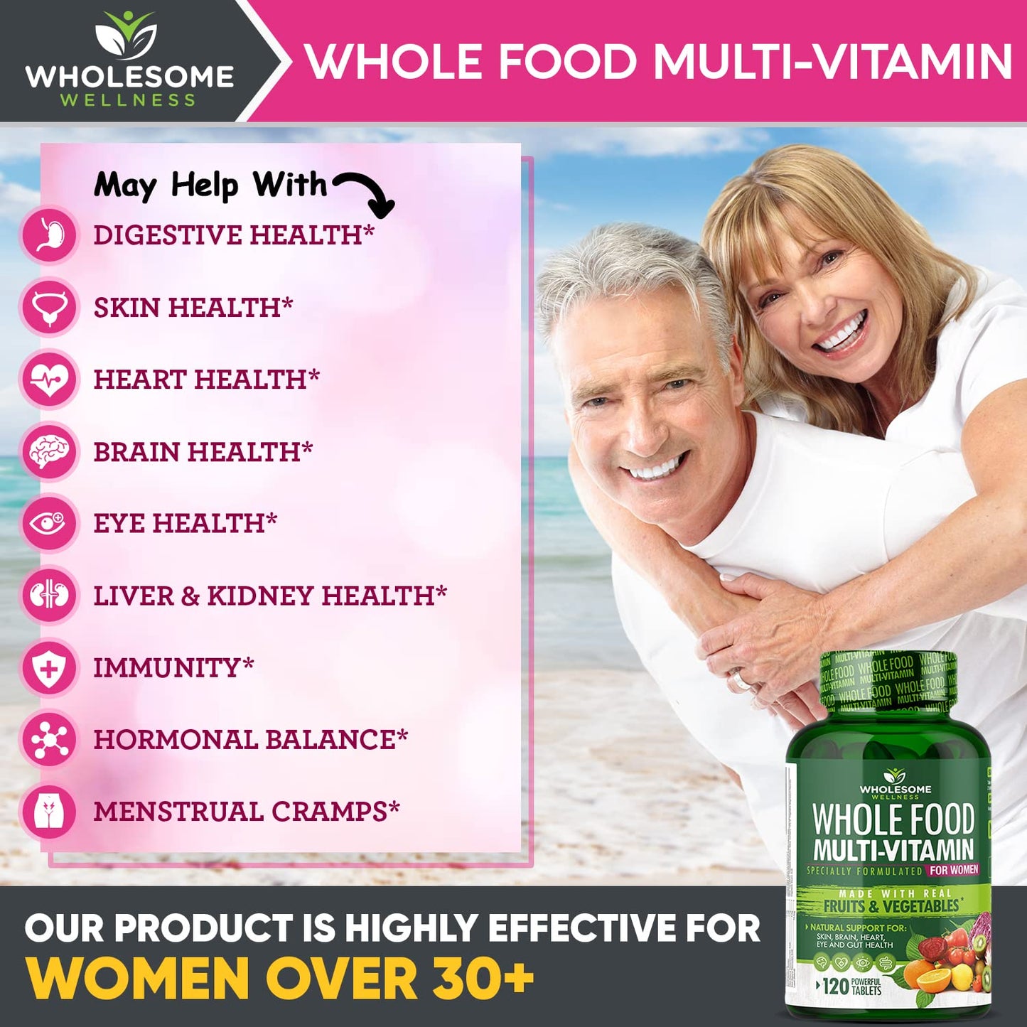 Wholesome Wellness Whole Food Multivitamin for Women - Natural Multi Vitamins, Minerals, Organic Extracts, 120 Tablets