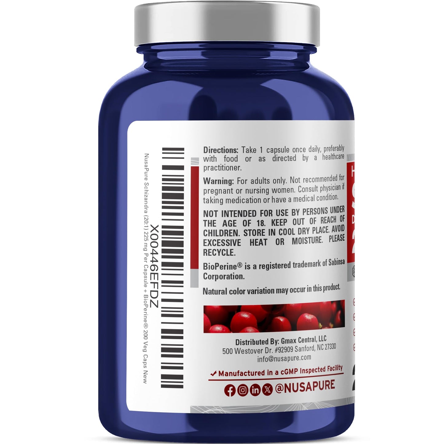 NusaPure Schizandra Berries Capsules, 200 Count