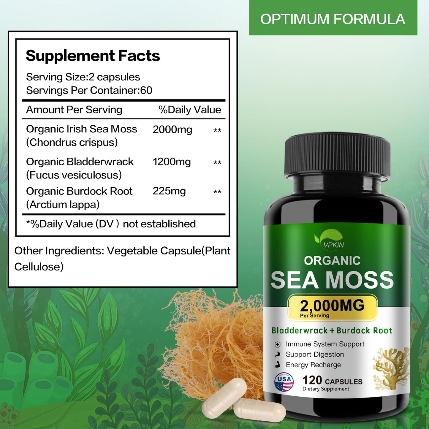 VPKIN Organic Sea Moss Capsules with Bladderwrack, Burdock Root and Black Pepper Extract, 2000mg, 120 Capsules