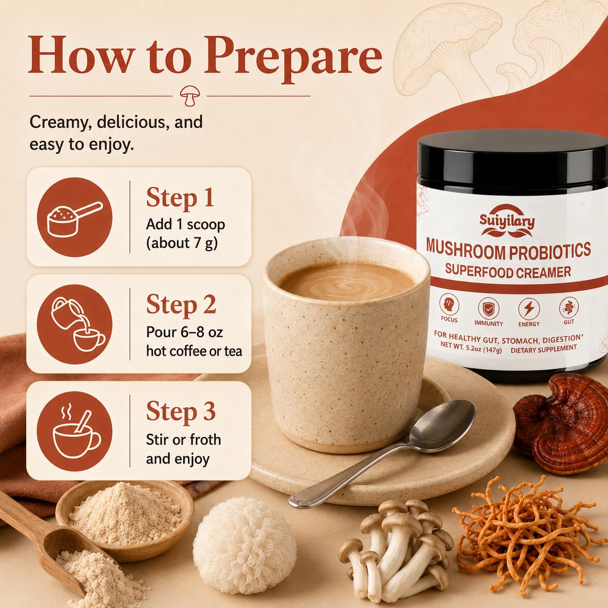 Suiyilary Mushroom Probiotic Coffee Creamer Powder 5.2 oz