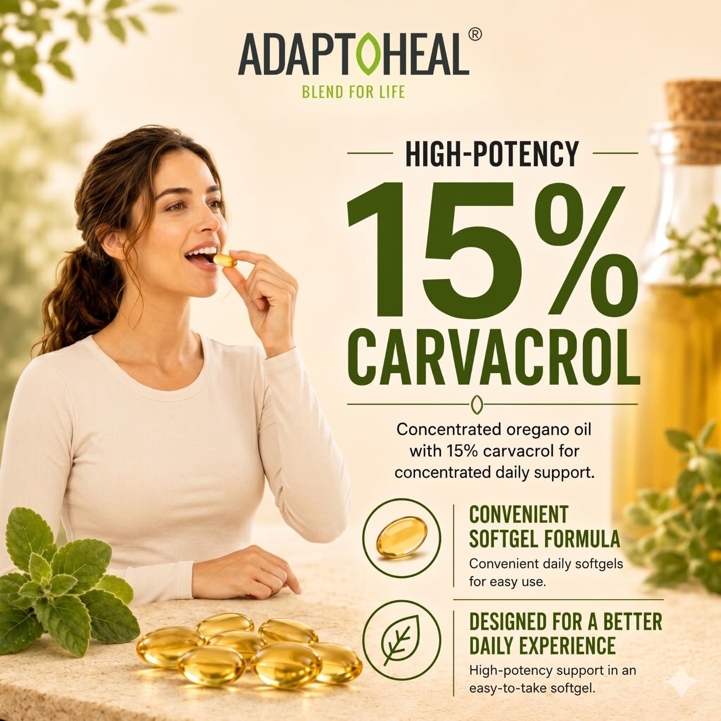 ADAPTOHEAL Oil of Oregano with 15% Carvacrol 4000mg Softgels, 60 count