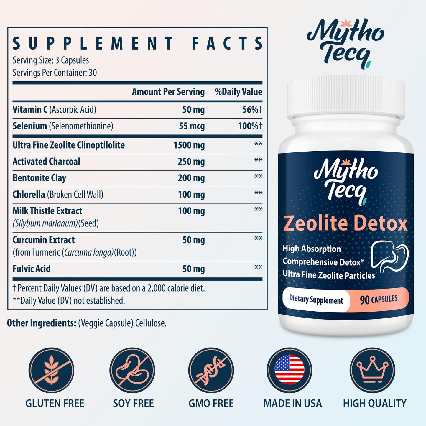 MythoTecq Zeolite Capsules with Activated Charcoal & Bentonite, 90 Capsules