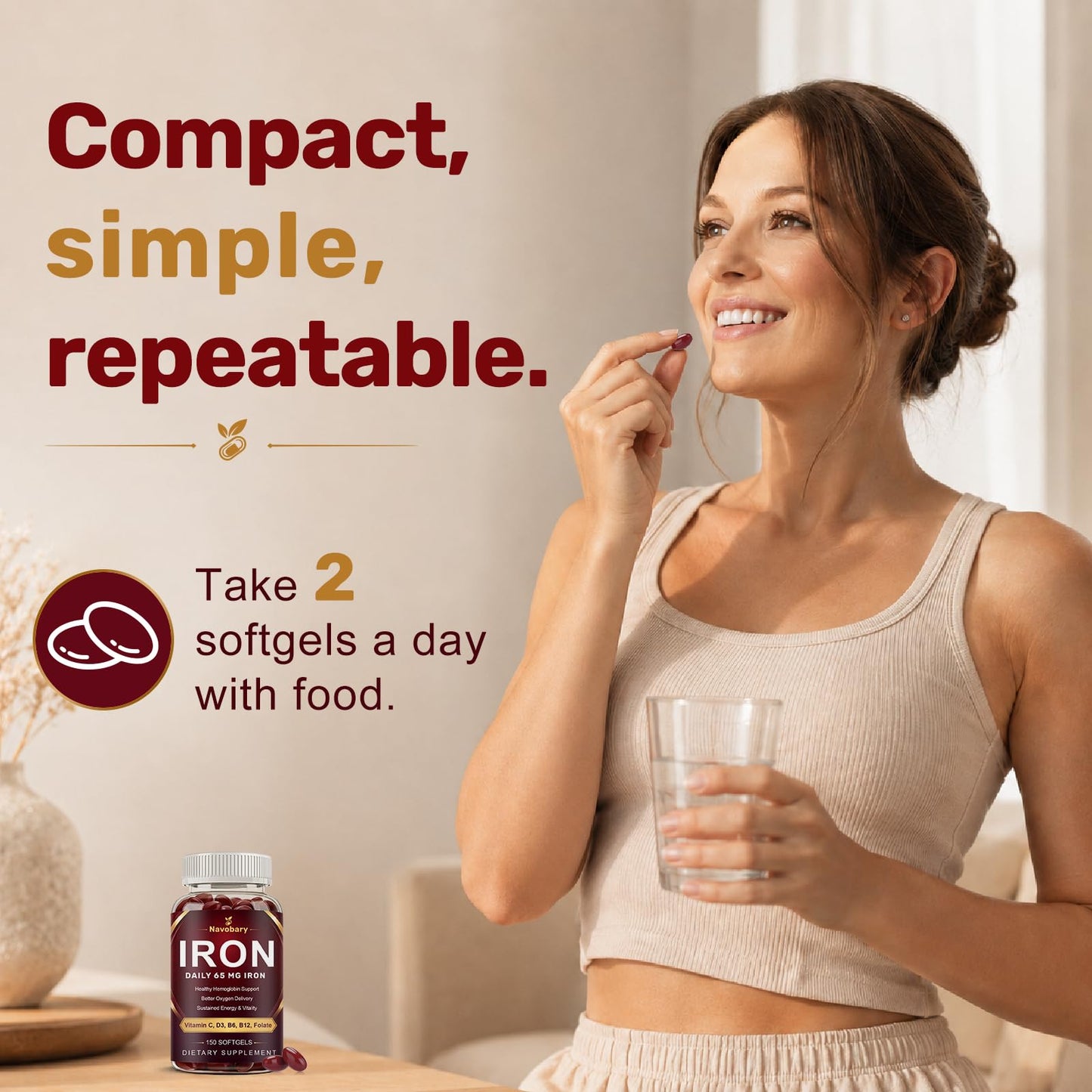 Navobary Iron with Multivitamin 65mg Iron + Vitamin C, D3, E, B6, B12 & Folate for Energy & Red Blood Cell Support Softgels 150