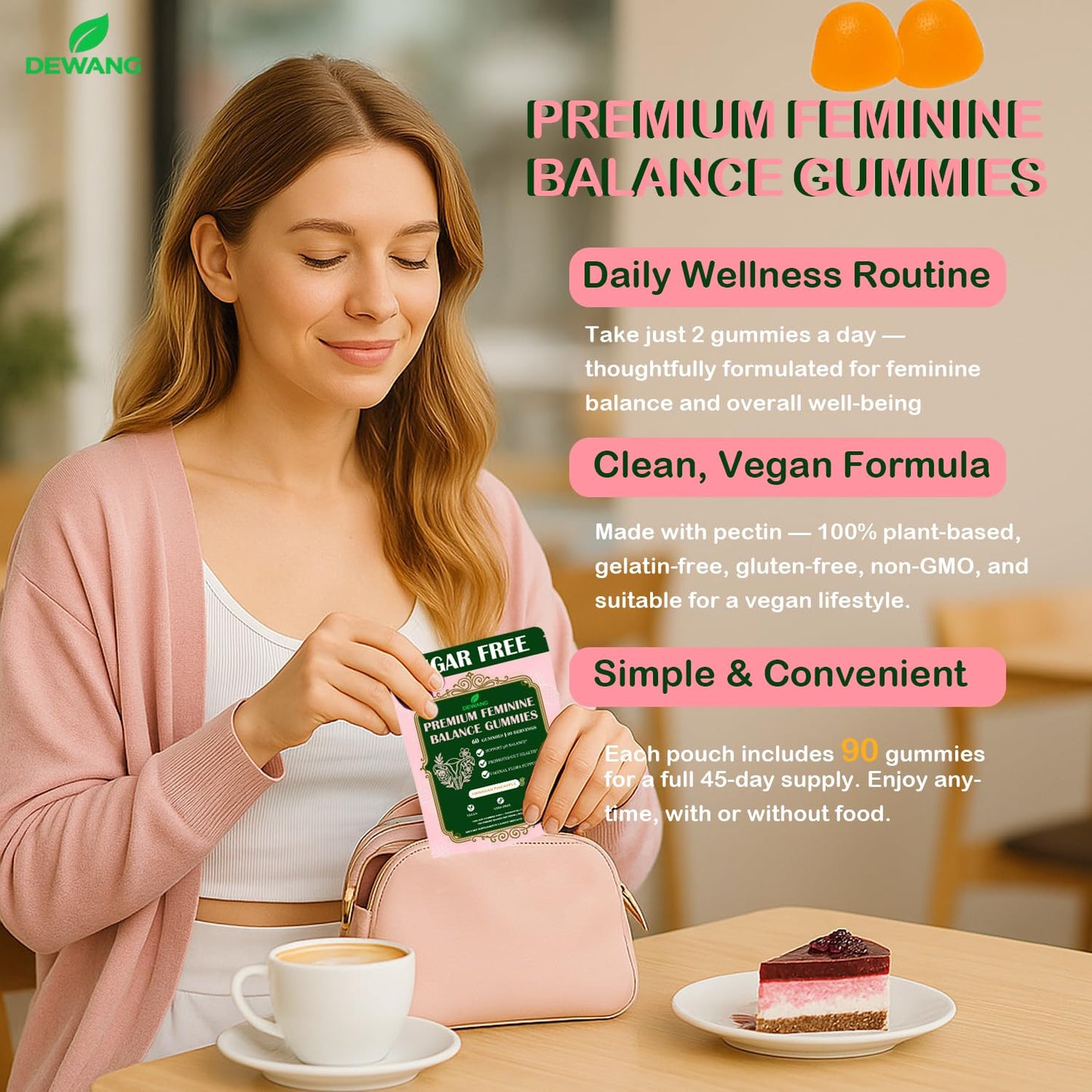 DEWANG Premium Feminine Balance Gummies for Women’s Immune Support & PH Balance, Vegan, Gluten-Free, Grapes Flavor, 90 Count