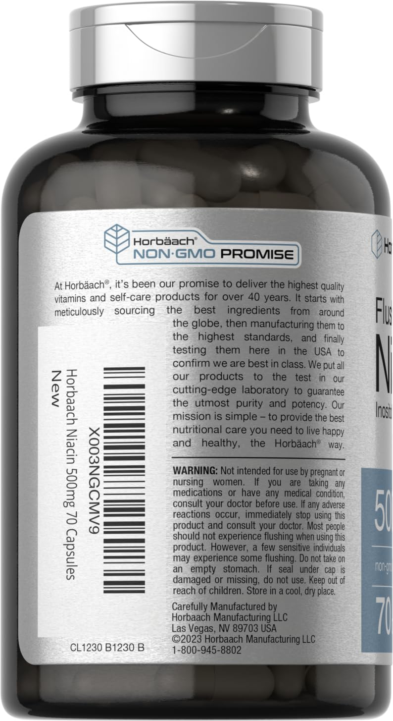 Horbäach Niacin 500mg Flush Free Vitamin B3 Inositol Hexanicotinate Capsule, 70 Count