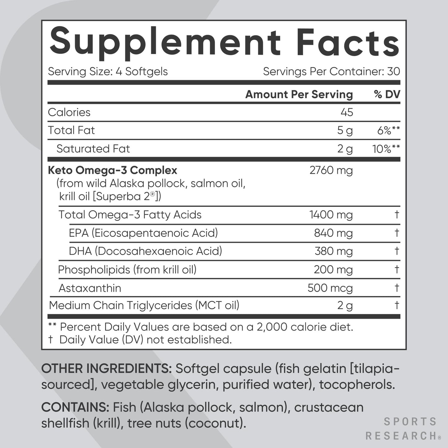 Sports Research Keto Omega Fish Oil with Wild Sockeye Salmon, Antarctic Krill Oil, Astaxanthin & Coconut MCT Oil Softgels 120 Count